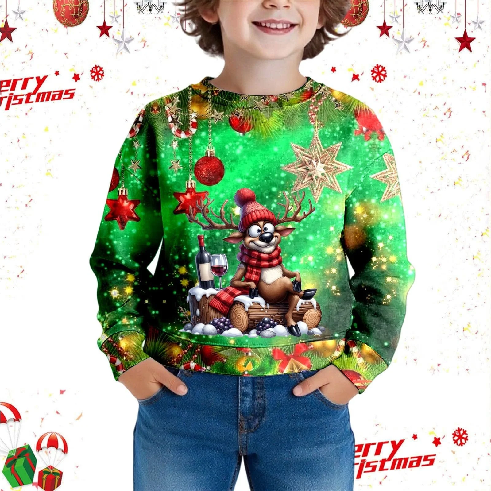 Рождественский свитер для детей мальчиков и девочек - Рождественский свитшот с динозавром, оленем и Сантой - Забавный праздничный свитер в подарок, фото №2 Рождественский свитер для детей мальчиков и девочек - Рождественский свитшот с динозавром, оленем и Сантой - Забавный праздничный свитер в подарок, фото №2
