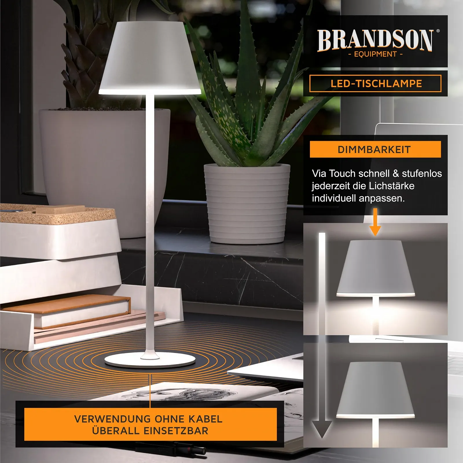 Настольная лампа CSL LED аккумуляторная беспроводная сенсорная металлическая регулируемая яркость теплый/нейтральный/холодный белый IP54, фото №4