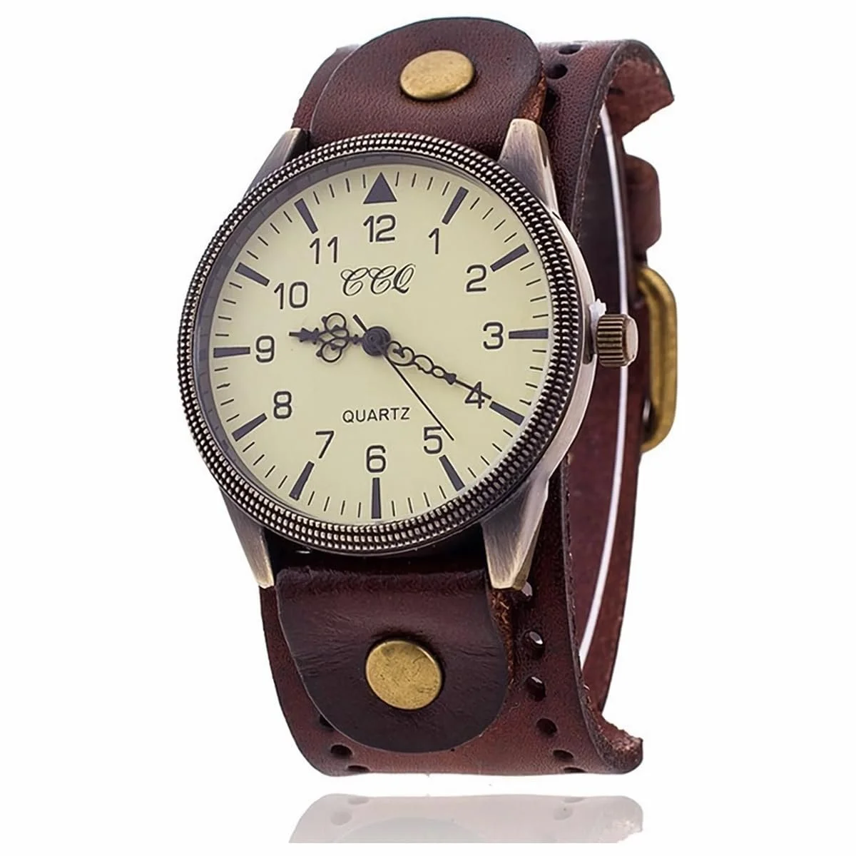 FENKOO Унісекс Вінтажний Шкіряний Ремінець Великий Циферблат Кварцовий Аналоговий Наручний Годинник, фото №1