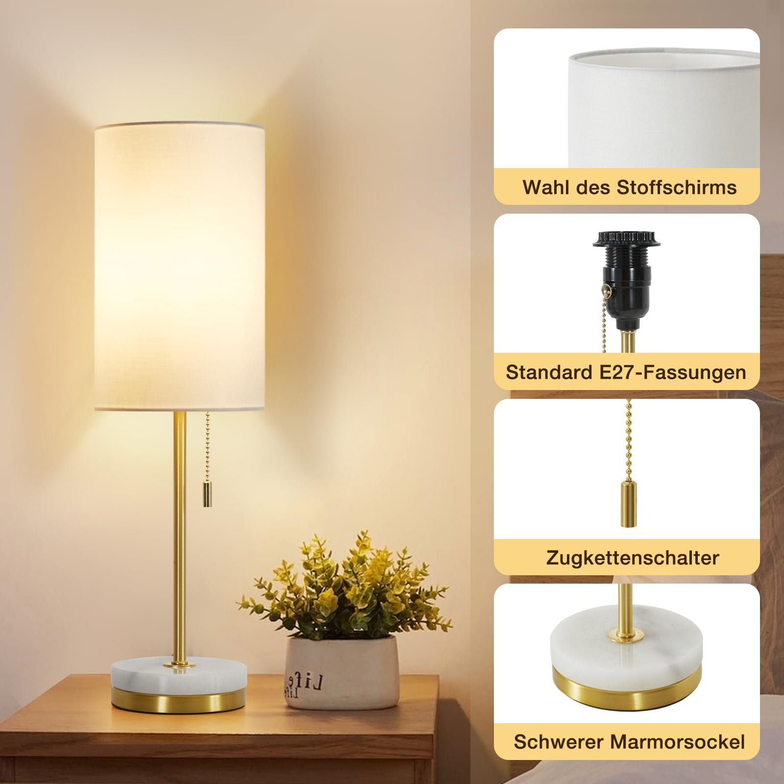 Настільні лампи GyroVu набір з 2 приліжкові з ланцюжковим вимикачем та мармуровою основою Золотиста, фото №4