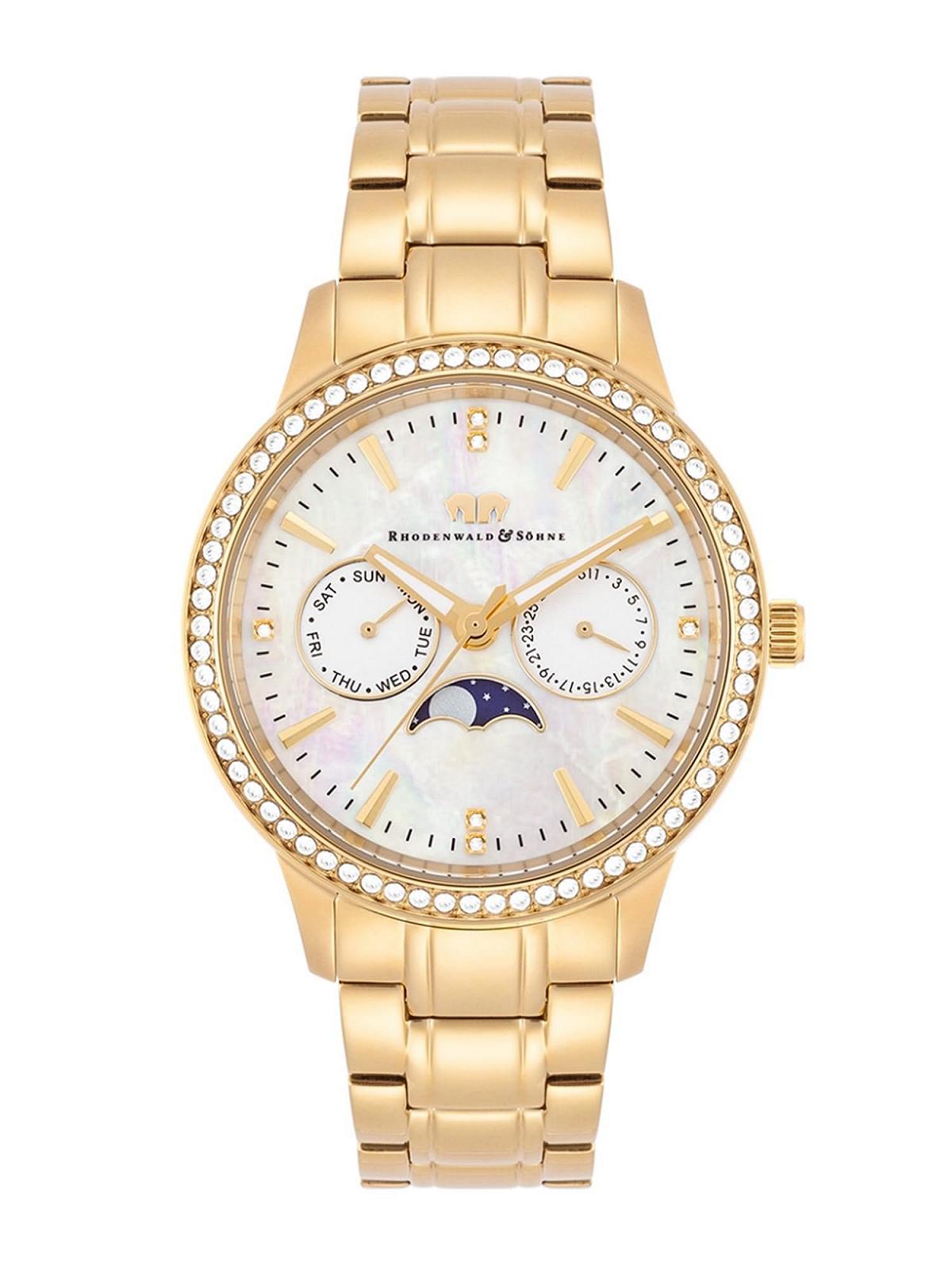 Женские часы Rhodenwald & Söhne Кварцевые Аналоговые Многофункциональные 10010438 С браслетом из нержавеющей стали Желтое Золото Украшенные кристаллами, золотистый, Без мотива, фото №1