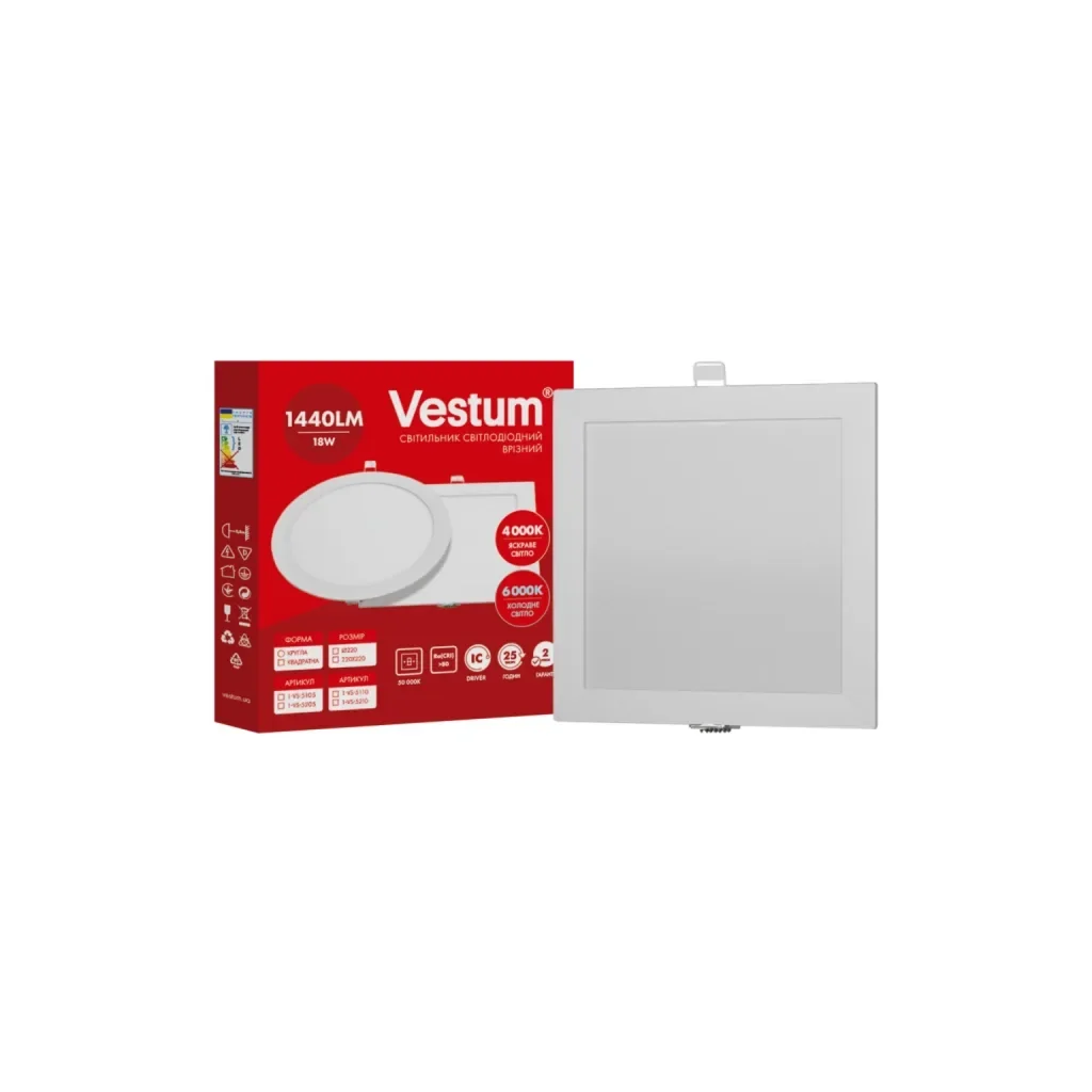 Светильник Vestum LED квадратный 18W 6000K 220V (1-VS-5210), фото №1
