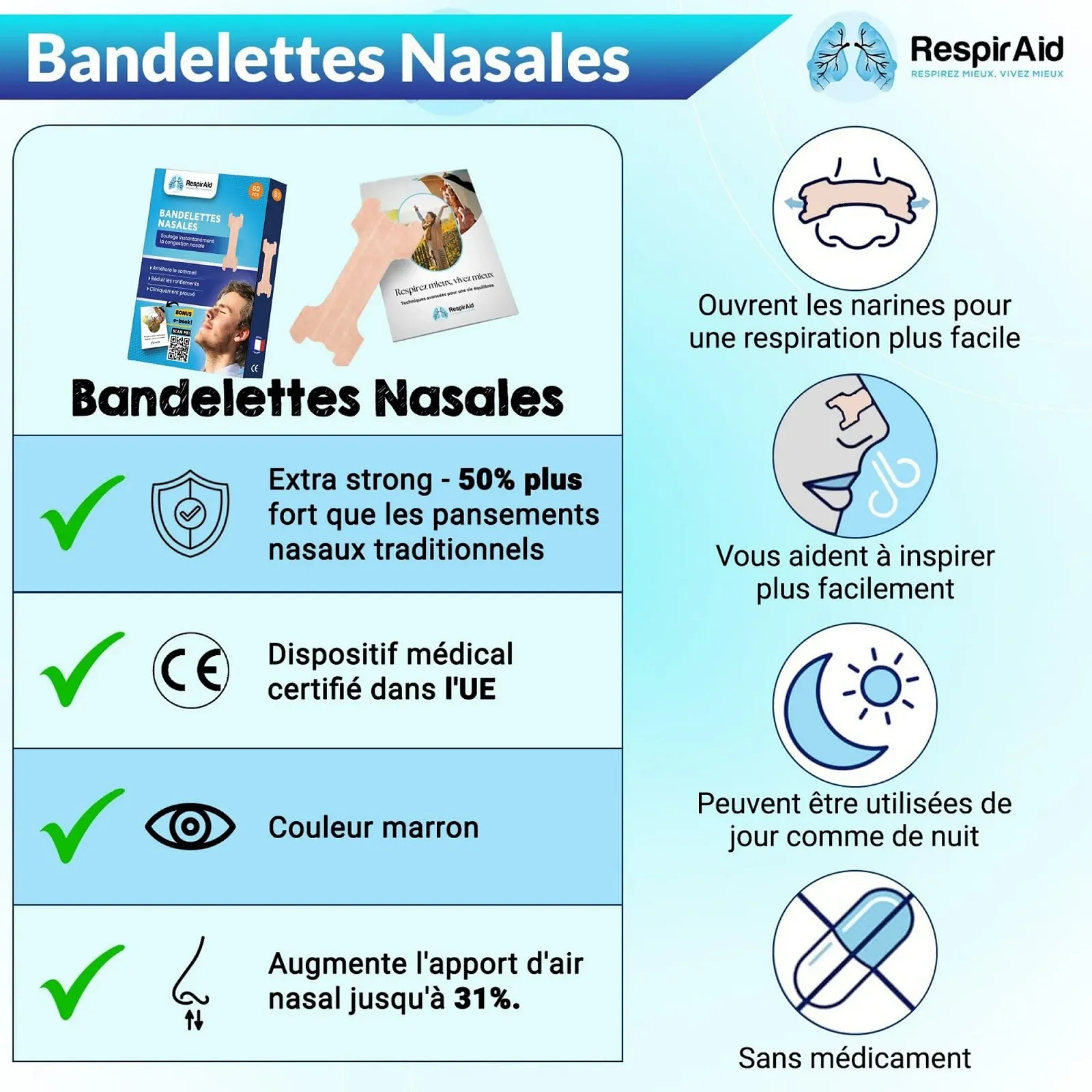 Полоски для носа RespirAid L (большой) 60 шт. Телесный цвет, фото №2