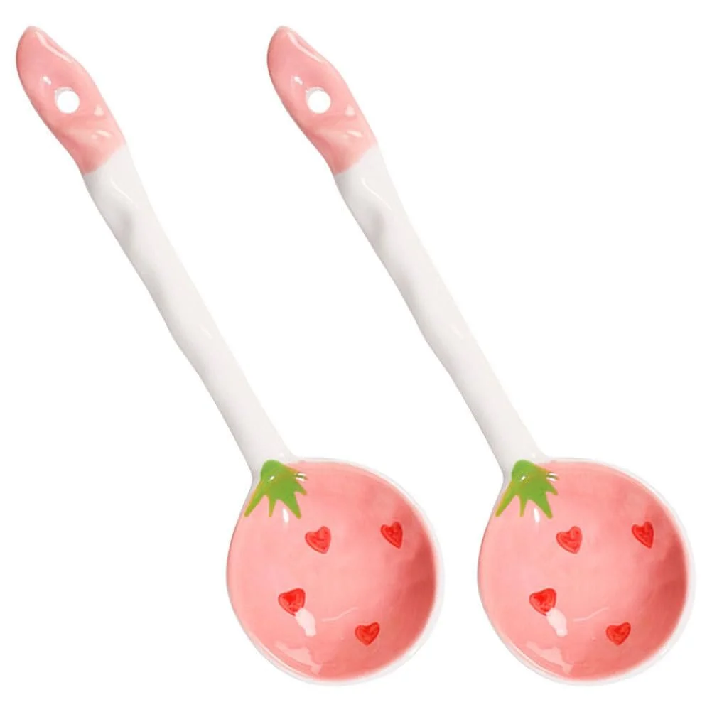 Ложка Суповая Kichvoe Керамическая с Клубничным Узором, Набор 2 шт, Маленькие Десертные Ложки из Фарфора для Супа Рамен и Азиатской Кухни, 16,5 см, фото №9