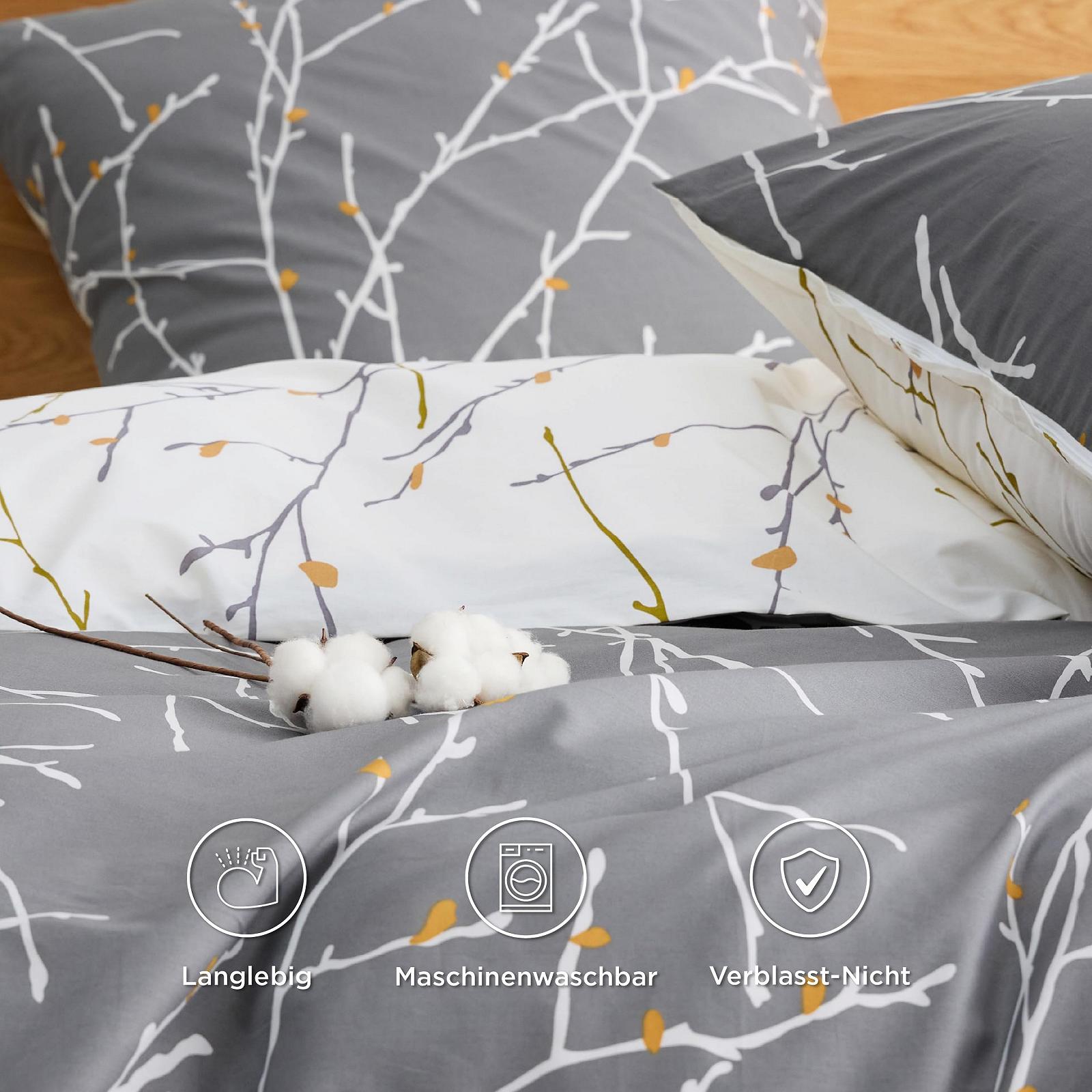 Постільна білизна BEDSURE 135 x 200 см, 4-предметний комплект бавовняної постільної білизни, сірий, комплект з 2 підковдр з 2 наволочками 80 x 80 см, тепла постільна білизна на блискавці, візерунок "гілка", фото №4