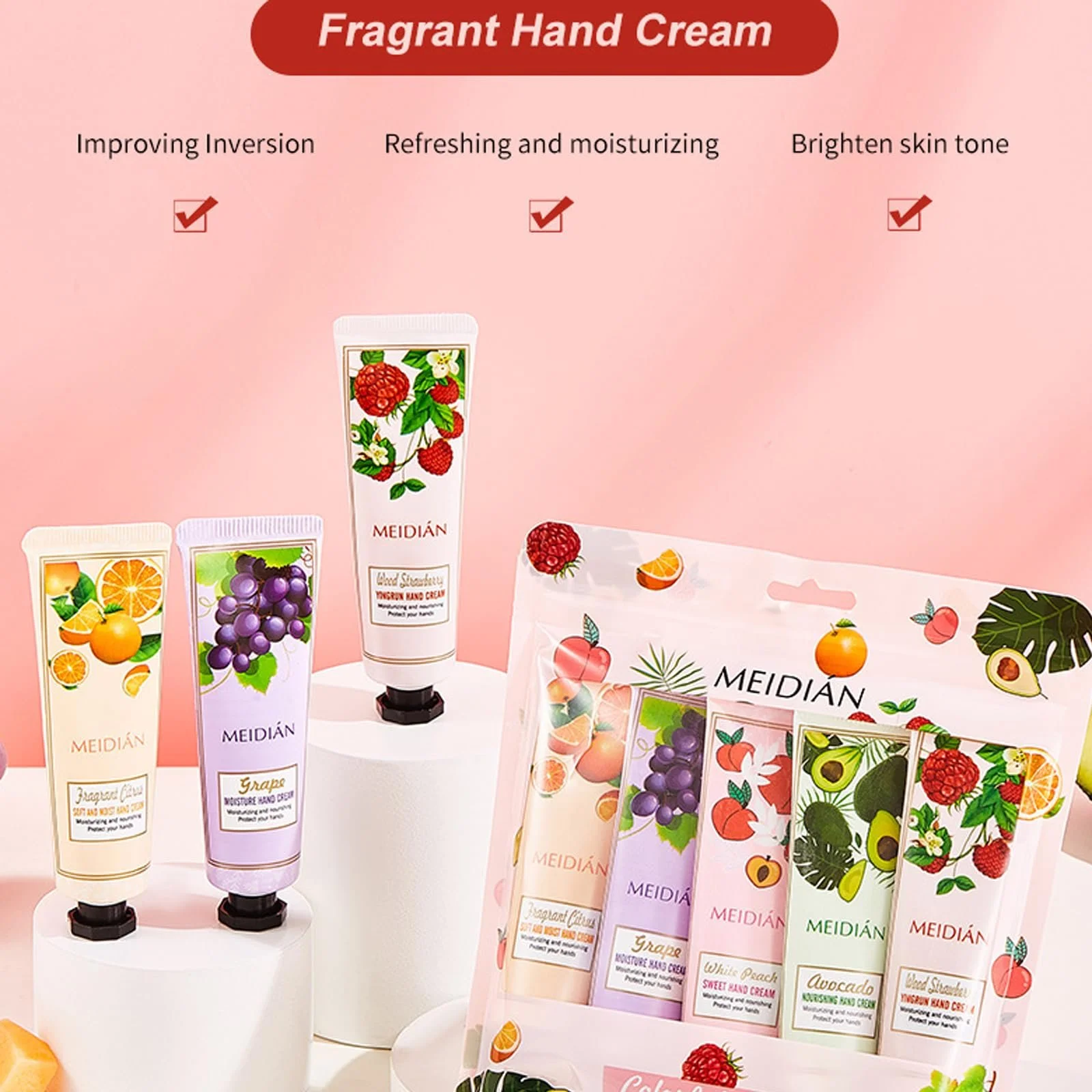 Набір кремів для рук 6 шт. Фруктовий аромат Зволожуючий лосьйон для рук у дорожньому форматі для сухої, потрісканої шкіри рук, фото №2