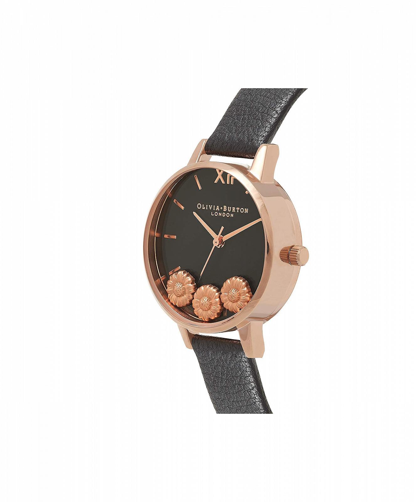 Жіночий аналоговий годинник Olivia Burton Vintage Floral OB16CH05, чорний шкіряний ремінець, чорний та рожеве золото, візерунок "Вінтажний квітковий", фото №2