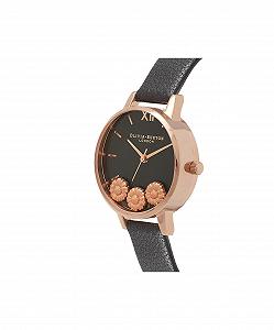 Жіночий аналоговий годинник Olivia Burton Vintage Floral OB16CH05, чорний шкіряний ремінець, чорний та рожеве золото, візерунок "Вінтажний квітковий" synthetic.ua - Фото 1