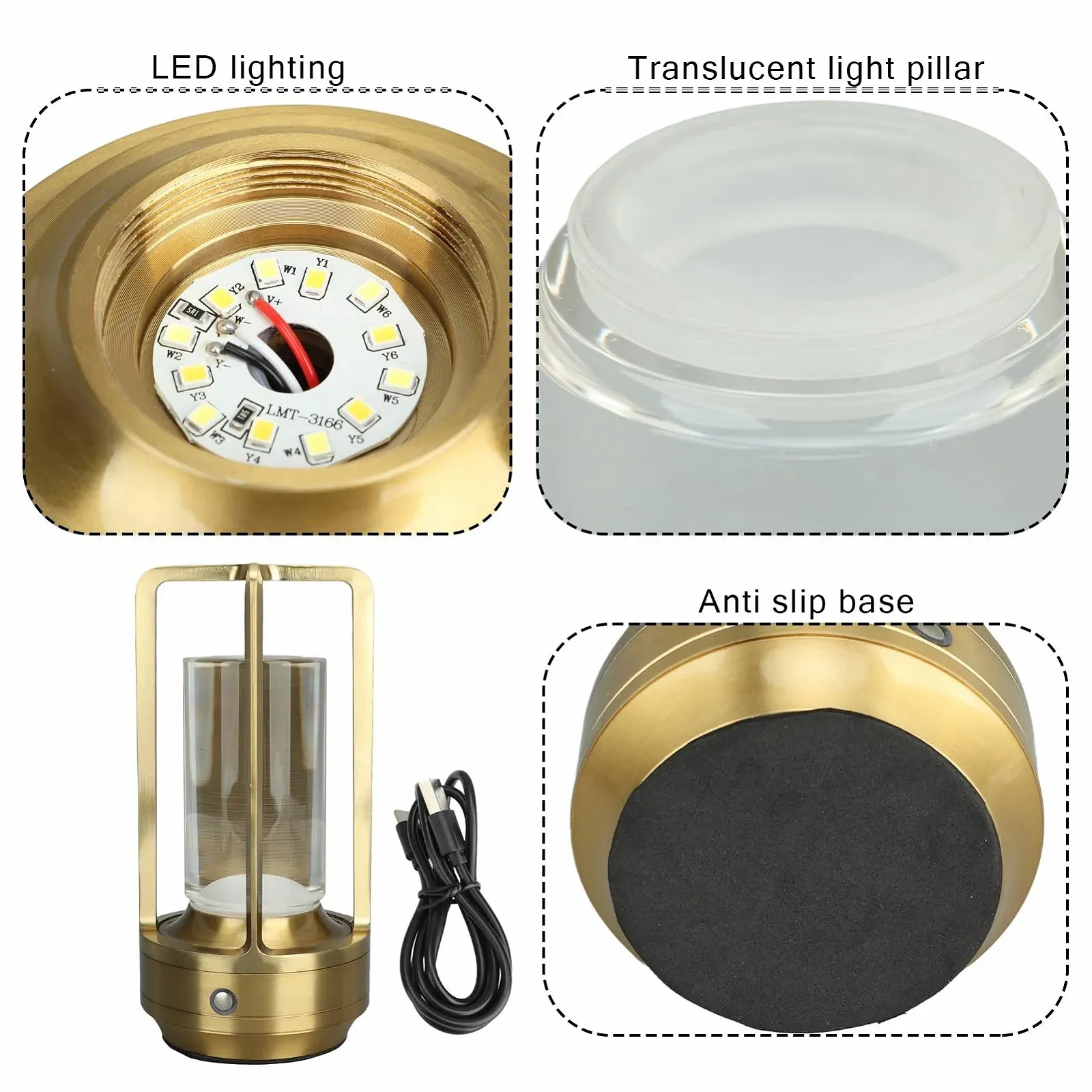 Настільна лампа металева бездротова 3 кольори димована LED акумуляторна сенсорна Золота, фото №5