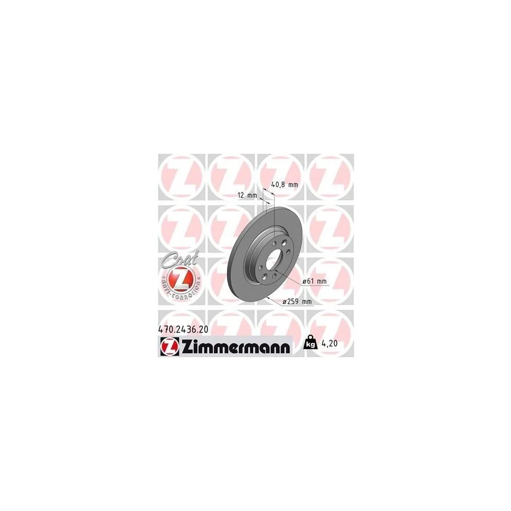 Тормозной диск ZIMMERMANN COAT Z 470.2436.20 для RENAULT SMART передняя ось, фото №1