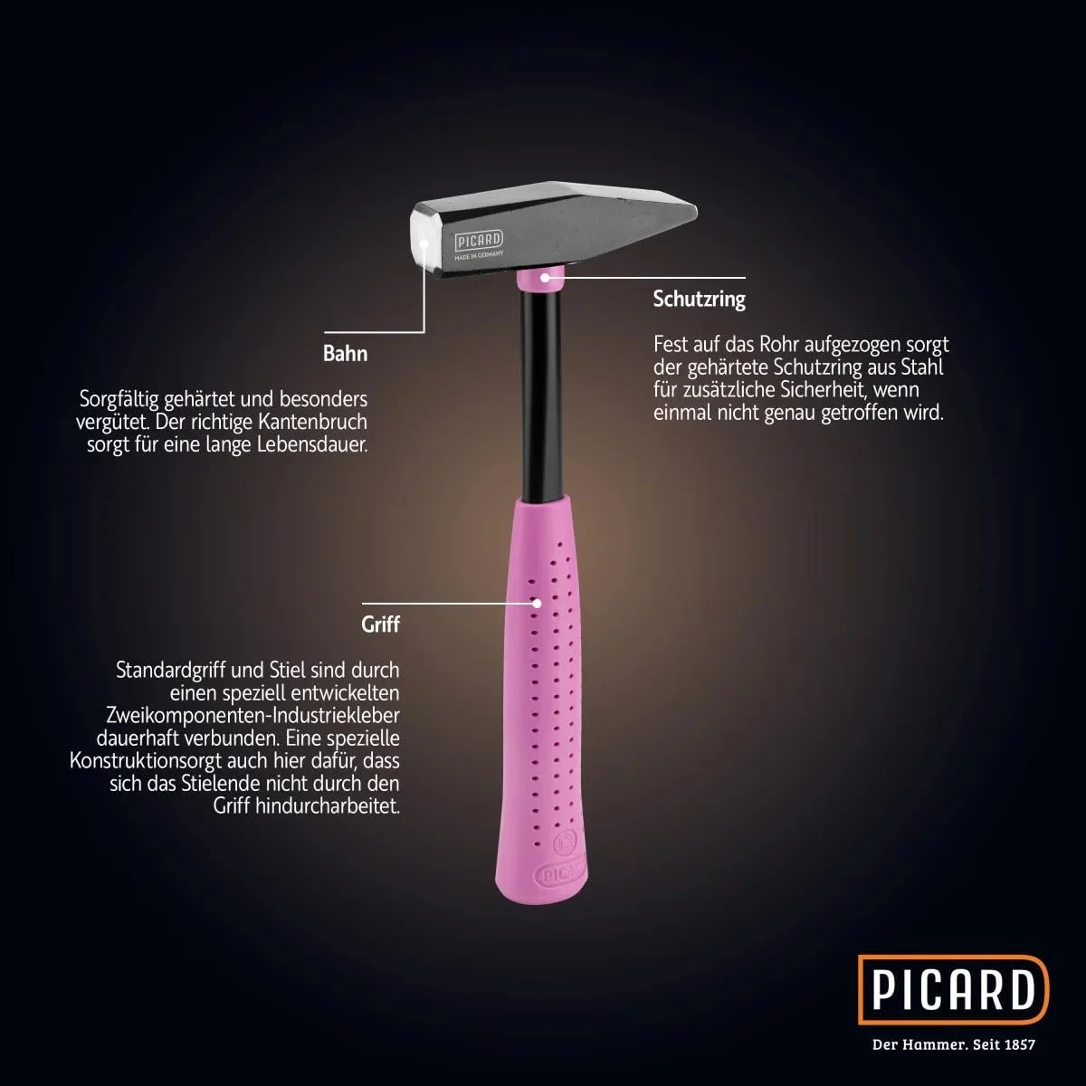 Молоток слесарный PICARD RS Pink Edition 300 г со стальной трубчатой ручкой Розовый, фото №3 Молоток слесарный PICARD RS Pink Edition 300 г со стальной трубчатой ручкой Розовый, фото №3