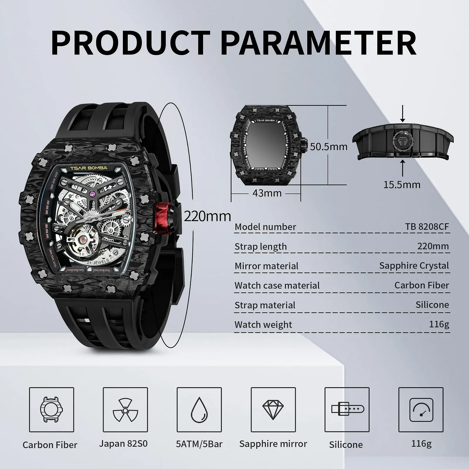 Механические часы мужские TSAR BOMBA Автоматические Японский механизм Сапфировое стекло 50 м Водонепроницаемые Силиконовый ремешок TB8208, фото №6 Механические часы мужские TSAR BOMBA Автоматические Японский механизм Сапфировое стекло 50 м Водонепроницаемые Силиконовый ремешок TB8208, фото №6