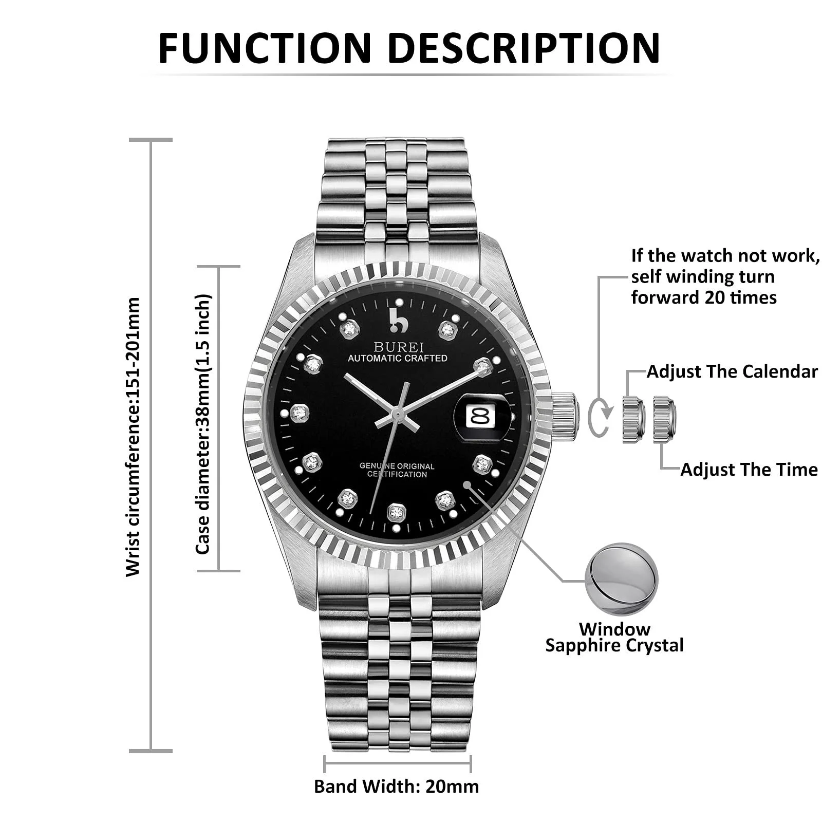 Мужские часы BUREI Автоматические механические наручные часы Сапфировое стекло Нержавеющая сталь с автоматической датой, фото №2 Мужские часы BUREI Автоматические механические наручные часы Сапфировое стекло Нержавеющая сталь с автоматической датой, фото №2