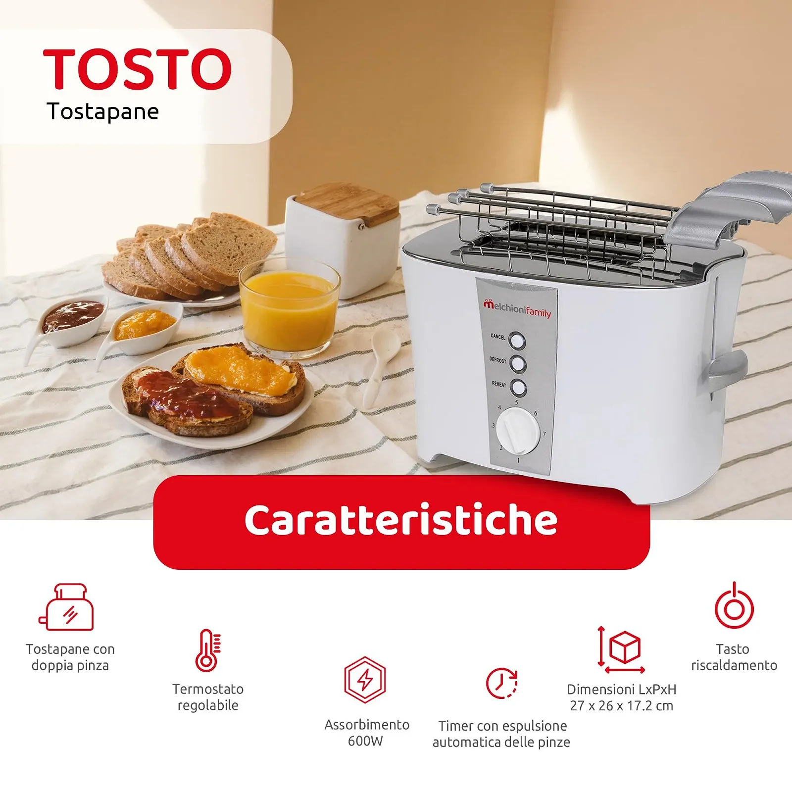 Тостер Melchioni Soon 600 Вт регульований термостат подвійний захват, фото №2