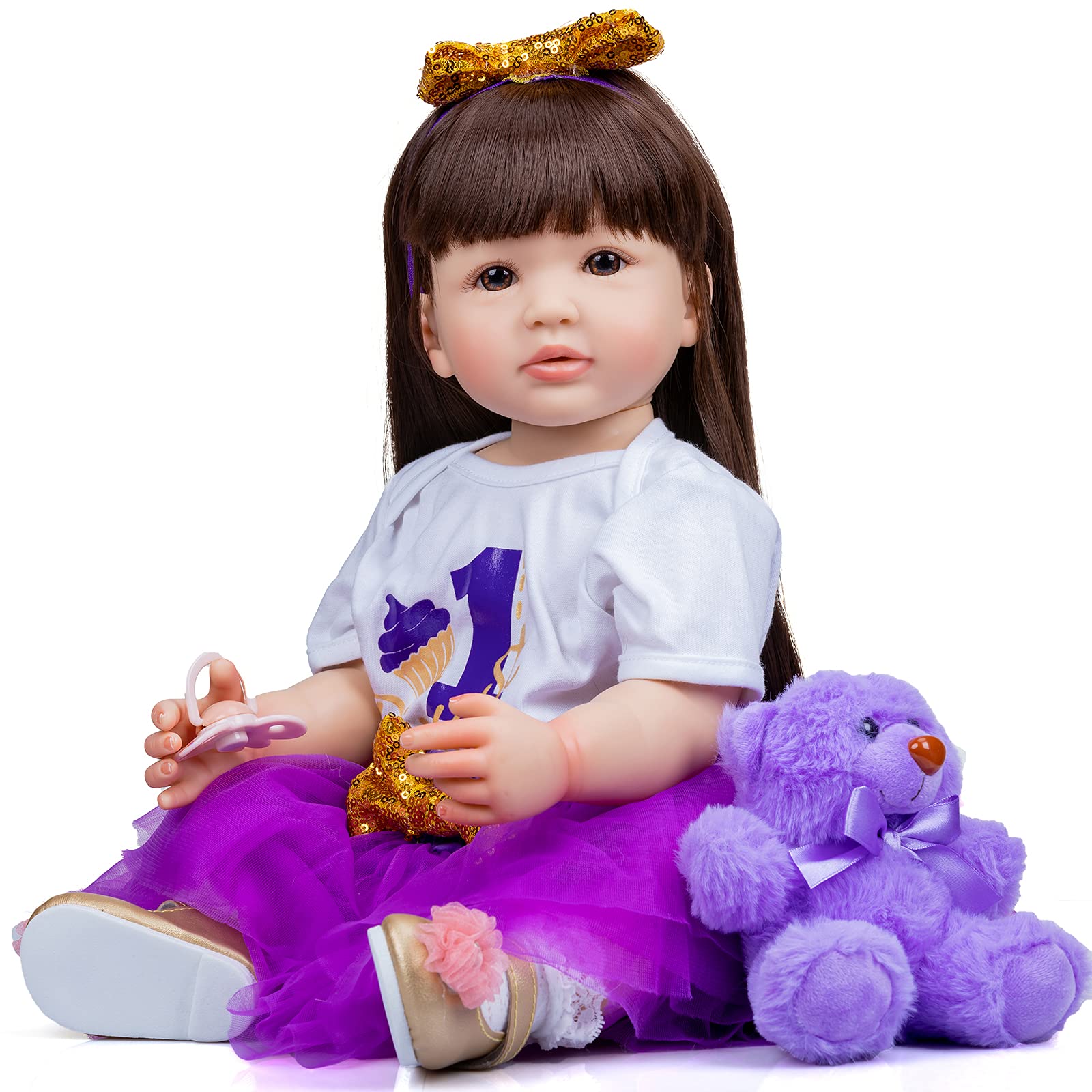 Кукла MineeQu 22 Inch Handmade Long Brown Hair Reborn Baby Doll Silicone Vinyl Anatomically Correct Girl Gift Set, фото №4