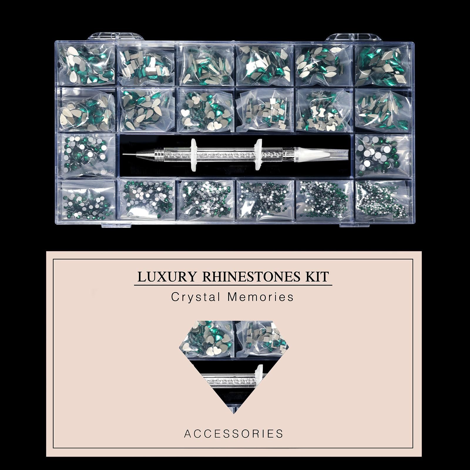 Микс бриллиантов 600 шт + Плоские стразы 2500 шт, 20 стилей, Плоское основание, DIY, Кристаллы для рукоделия, 3D украшения, Набор камней с плоским основанием + Воск-карандаш для подбора страз, Зеленый, фото №7