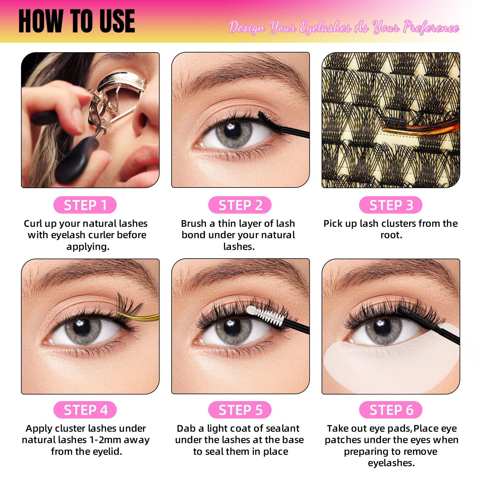 Набір W DIY Eyelash Extension Kit D Curl Cluster Lashes 72 шт. з Клей і Засіб для видалення вій Аплікатор для вій для початківців (ST Kit-D-10-16 мм), фото №4
