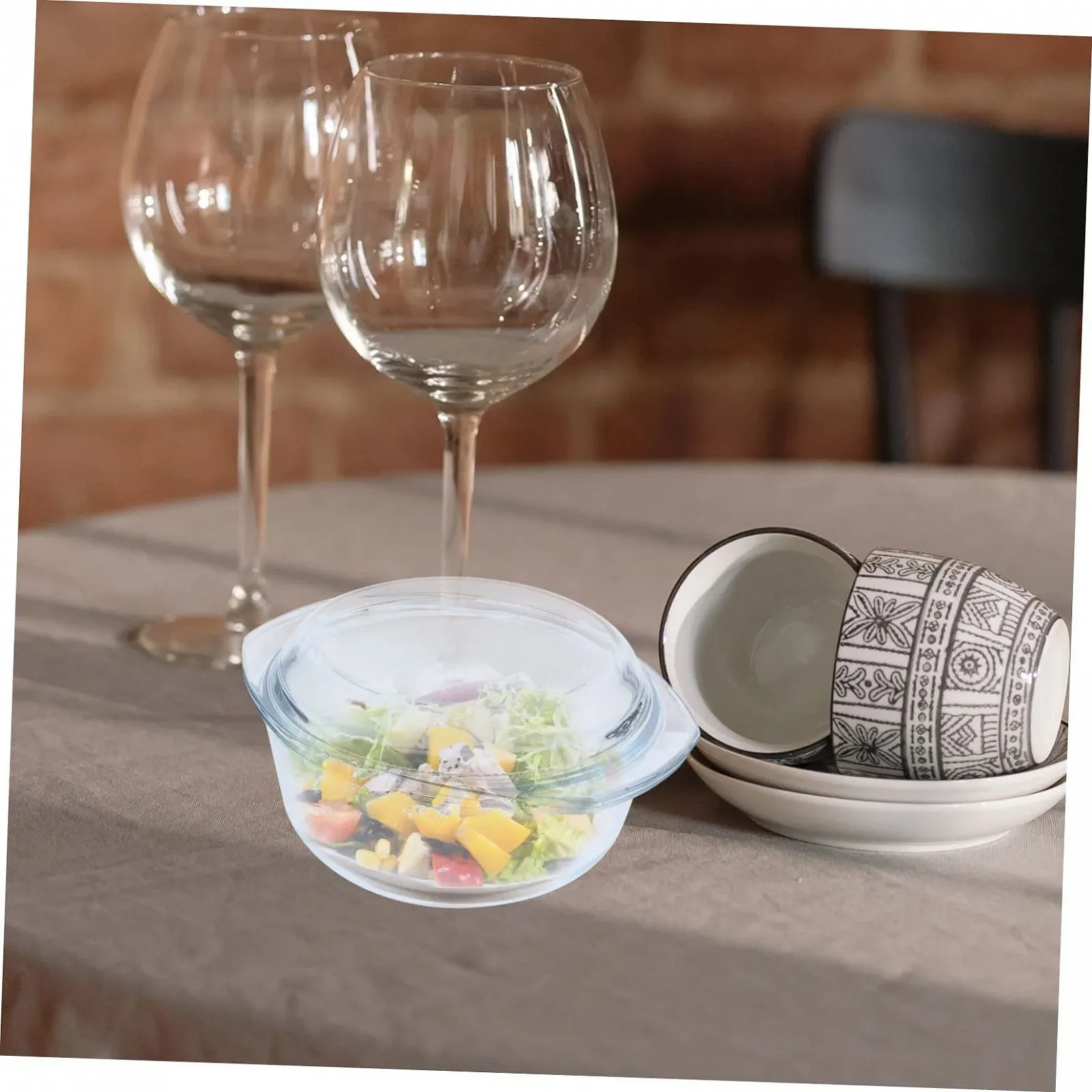 Кастрюля Lurrose стеклянная круглая с крышкой и ручками термостойкая для микроволновой печи, фото №9