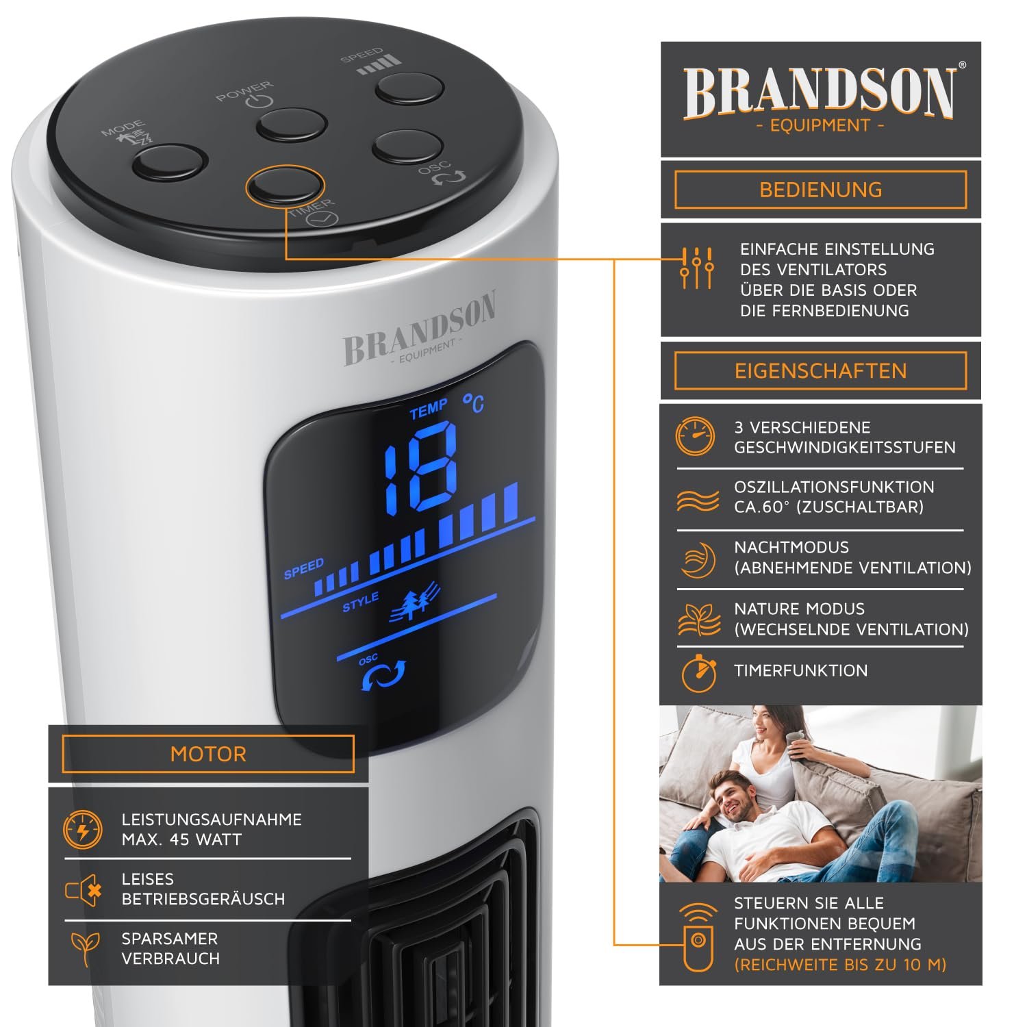 Вентилятор колонный Brandson с пультом ДУ, с осцилляцией, 96 см, 45 Вт, 3 скорости, таймер, осцилляция 60°, модель 2020, полярно-белый, фото №5