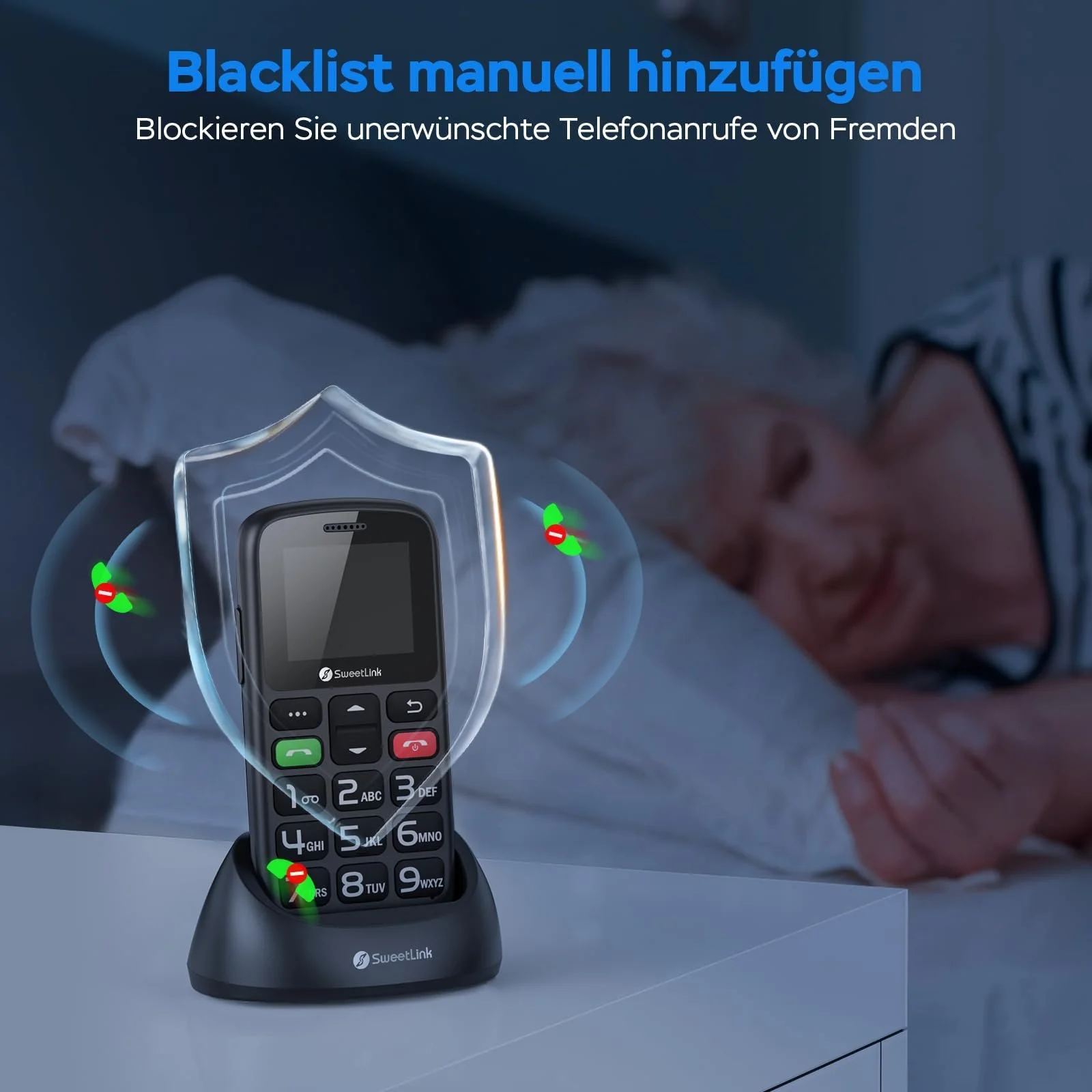 Мобільний телефон SweetLink S2PLUS для літніх людей без контракту - Dual SIM 2G GSM з батареєю 1400 мАг, кнопка екстреного виклику SOS, 1.77-дюймовий дисплей з великими кнопками, зарядна станція та FM-радіо, фото №6