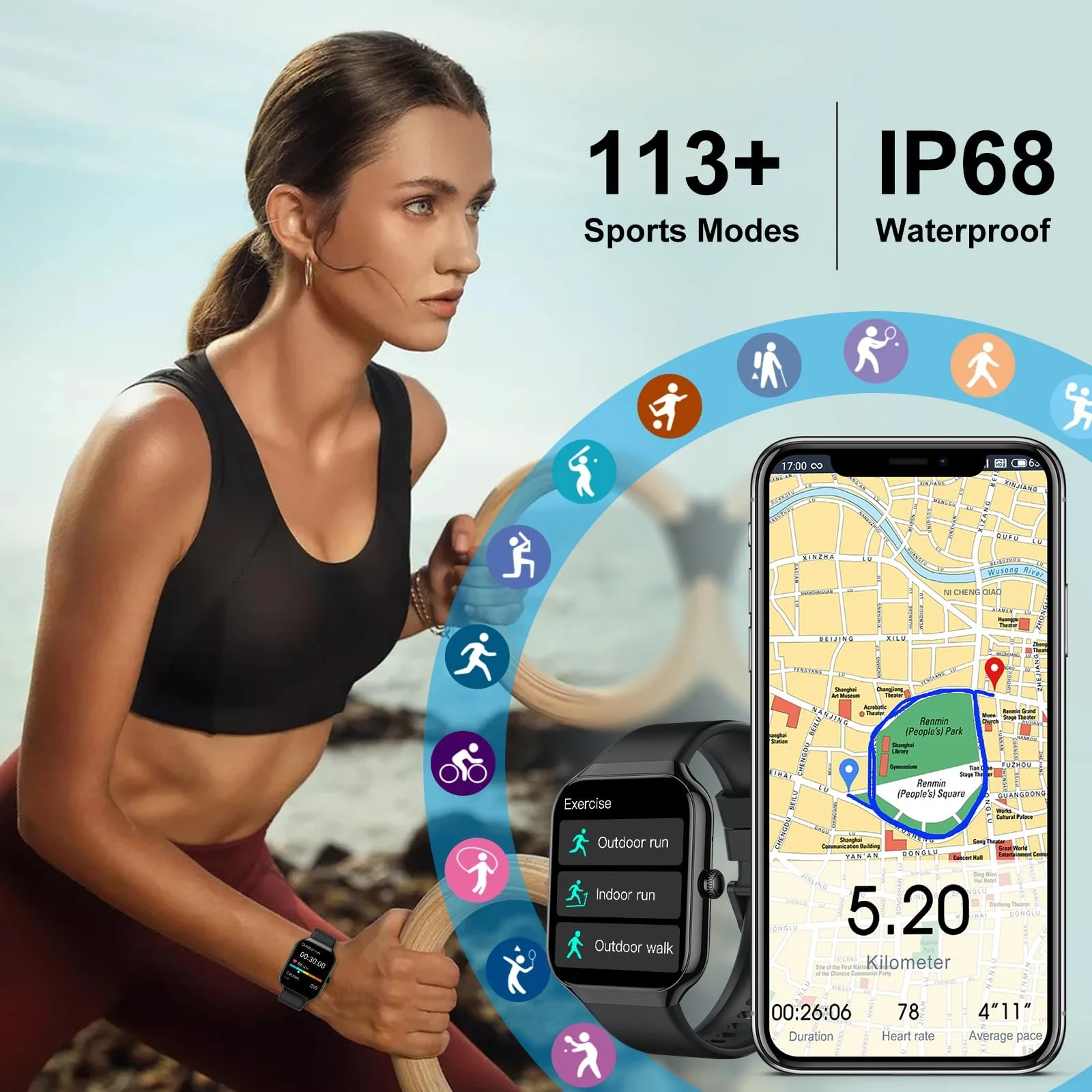 Смарт-часы 1.96 Inch Fitness Watch с функцией телефона, SpO2, монитор сердечного ритма, монитор сна, шагомер, 113+ спортивных режимов, IP68 водонепроницаемые, фото №7