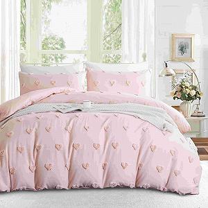 Постільна білизна Freyamy Boho 135 x 200 см, 2 предмети, Рожева, Серце, Богемна, Вишивка, М'яка, Підковдра з блискавкою та наволочкою 80 x 80 см - Фото 1