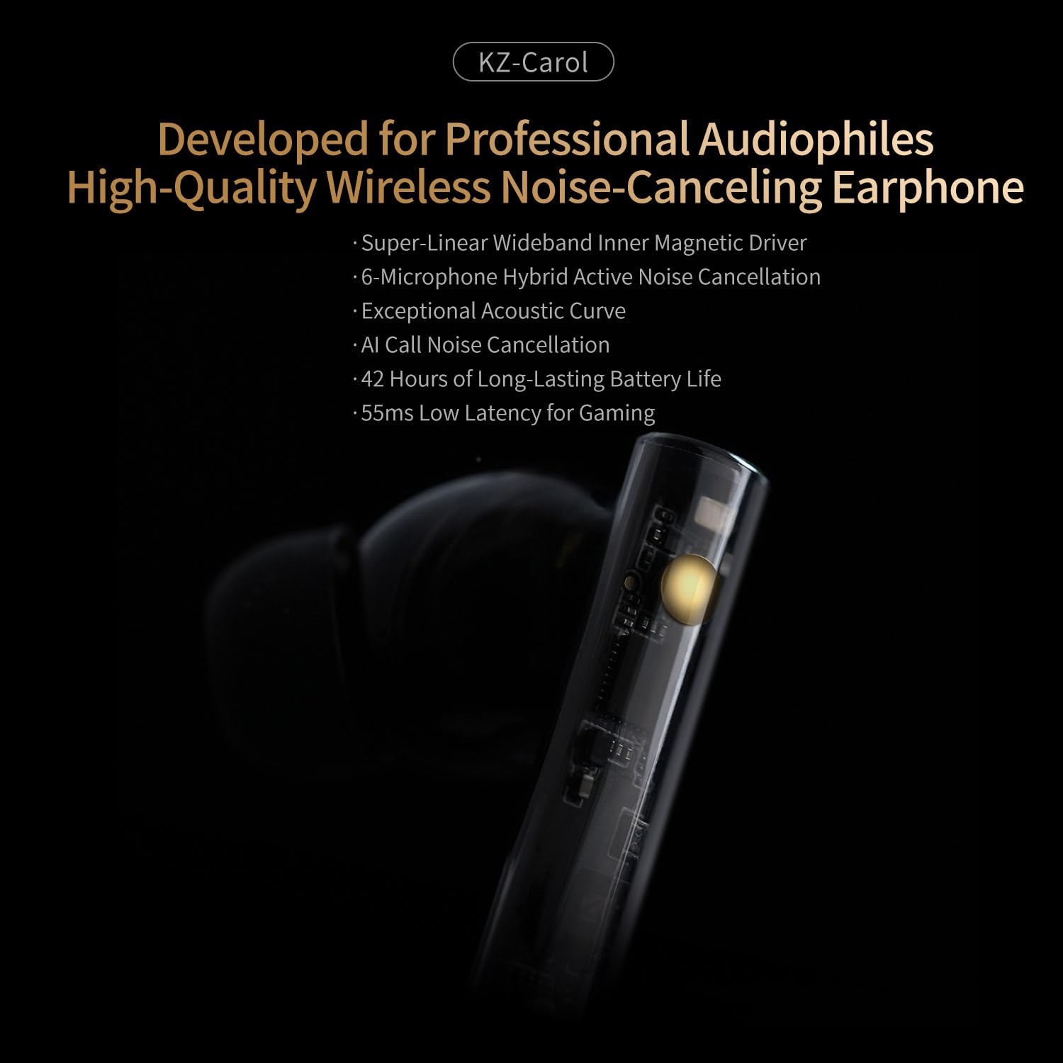 Беспроводные наушники KZ Carol Активное шумоподавление 55 дБ Снижение шума Bluetooth 5.3 Встроенный 6 микрофонов для шумоподавления AAC/SBC HiFi Наушники Bluetooth с зарядным кейсом, фото №2