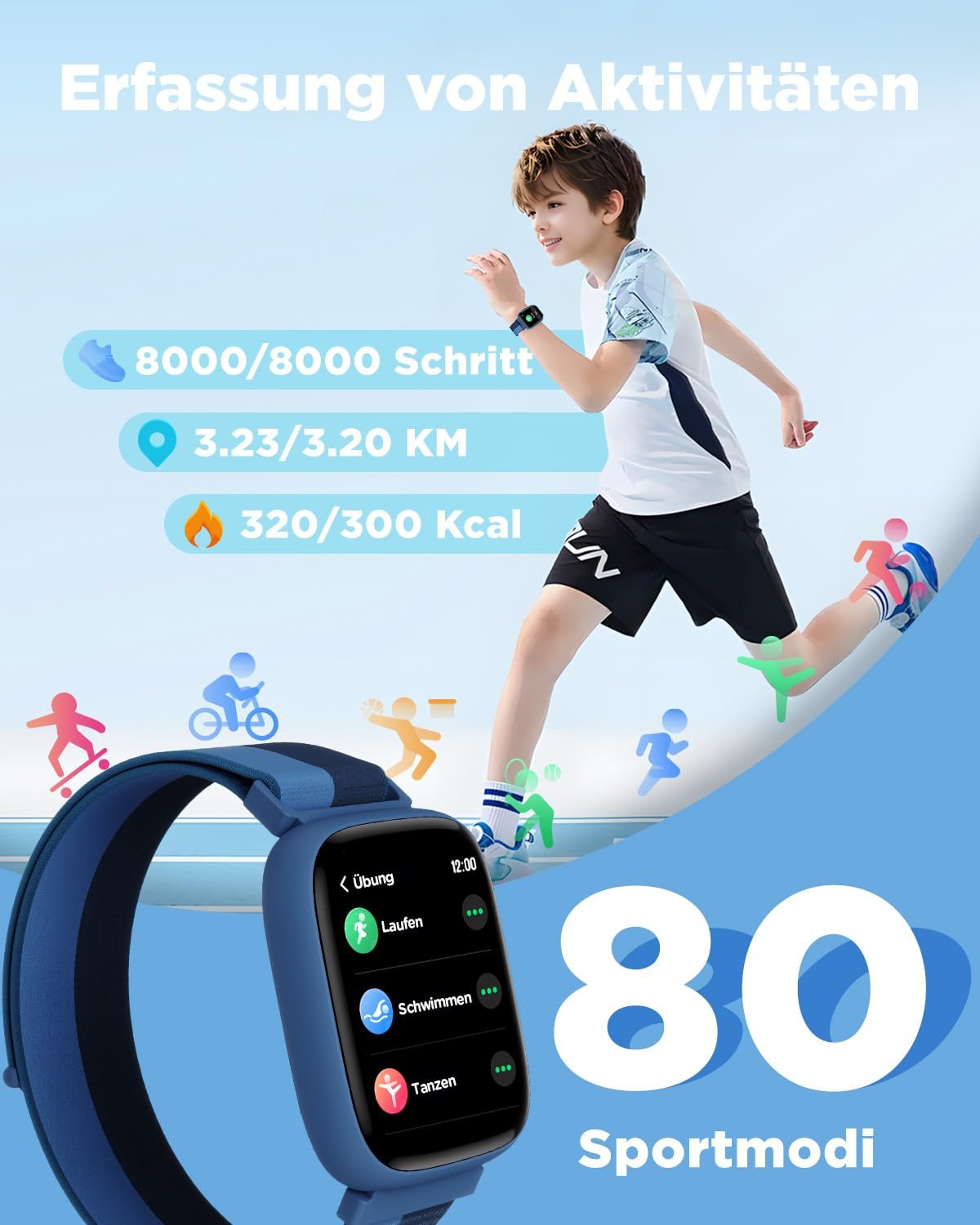 Смарт-годинник BIGGERFIVE Brave 2 для дітей, 1,8 дюйма, фітнес-годинник, крокомір, цілодобовий пульс, водонепроникність IP68, монітор сну, будильник, 5 головоломок з додатком/без додатка, фітнес-трекер для дівчаток, хлопчиків, підлітків 5-16 років, нейлон, фото №3
