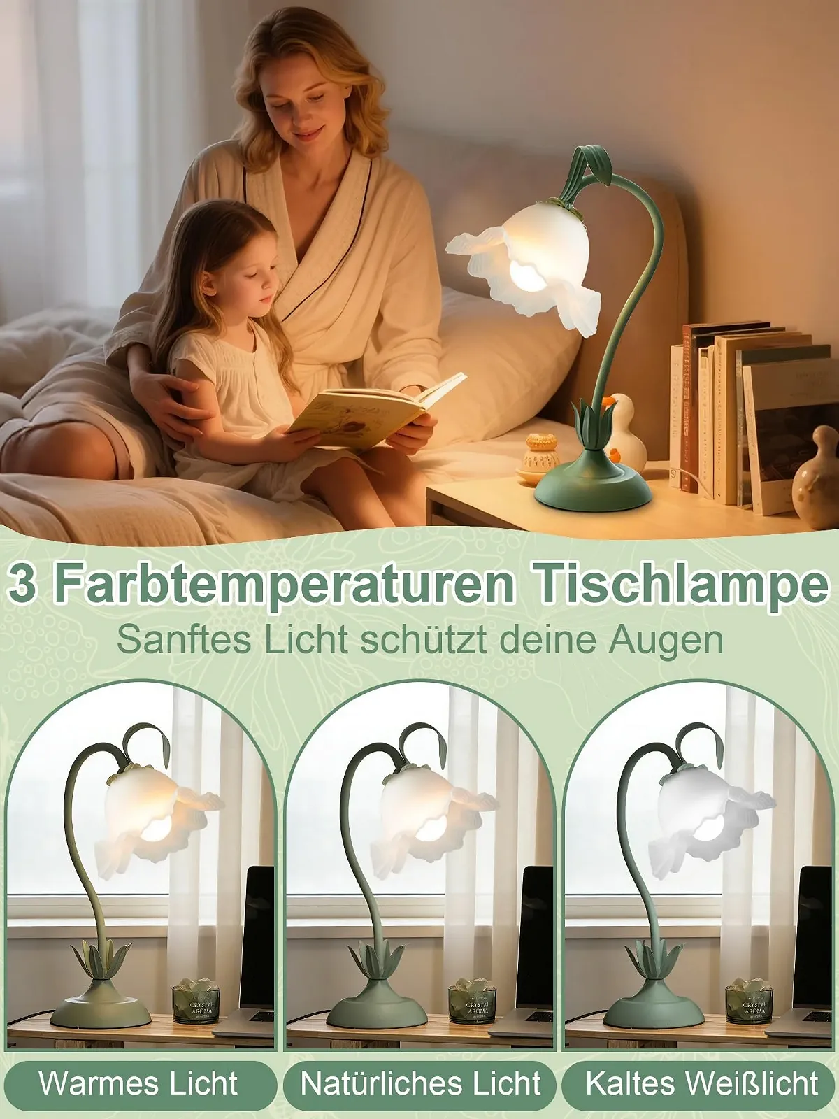 Настільна лампа Flower LED гнучка 3 режими Вінтажний зелений, фото №2