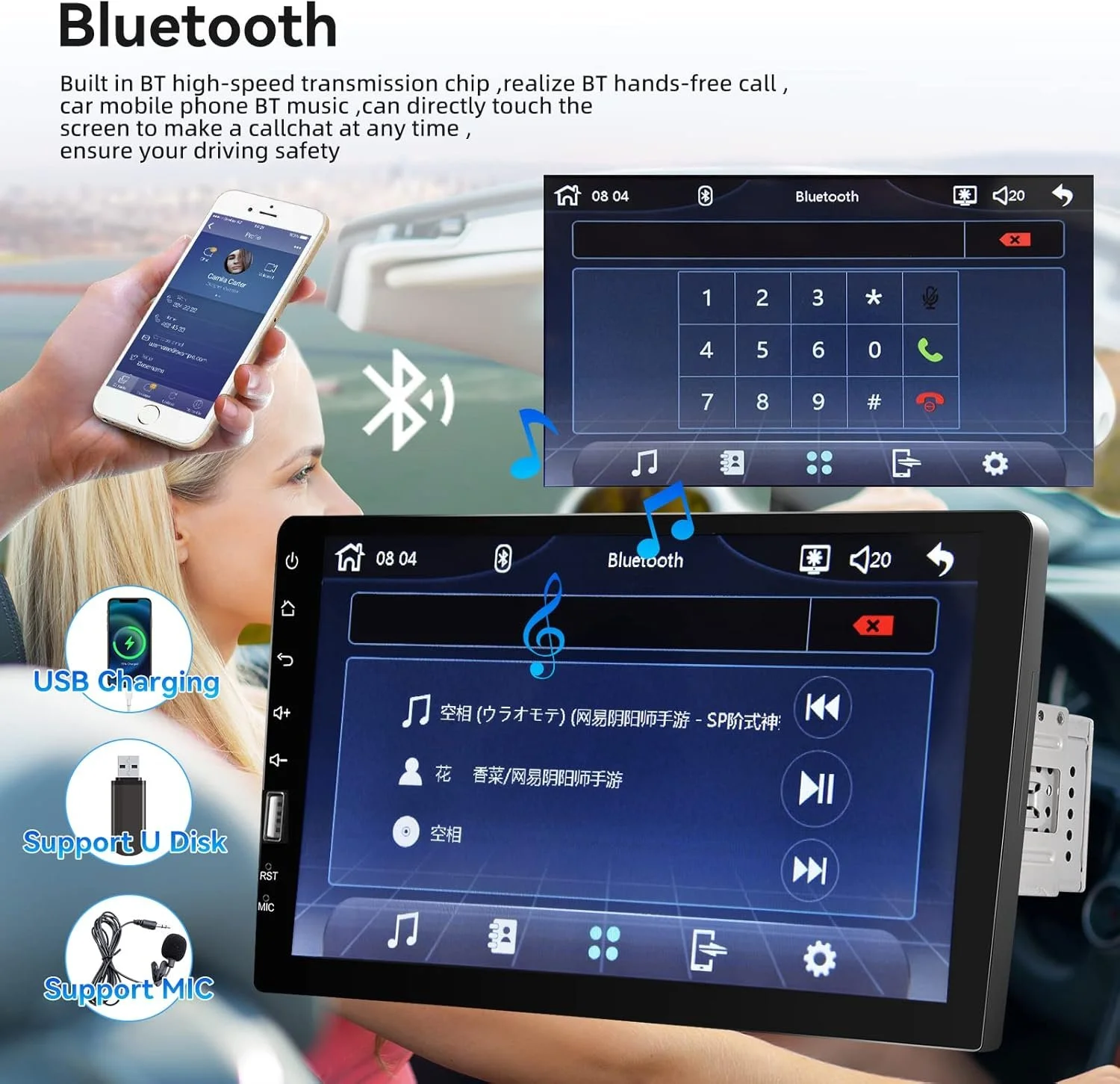 Автомагнитола Rimoody / 9" / Сенсорная / Apple CarPlay / Android Auto / Bluetooth / FM / USB / AUX / 1DIN, фото №4