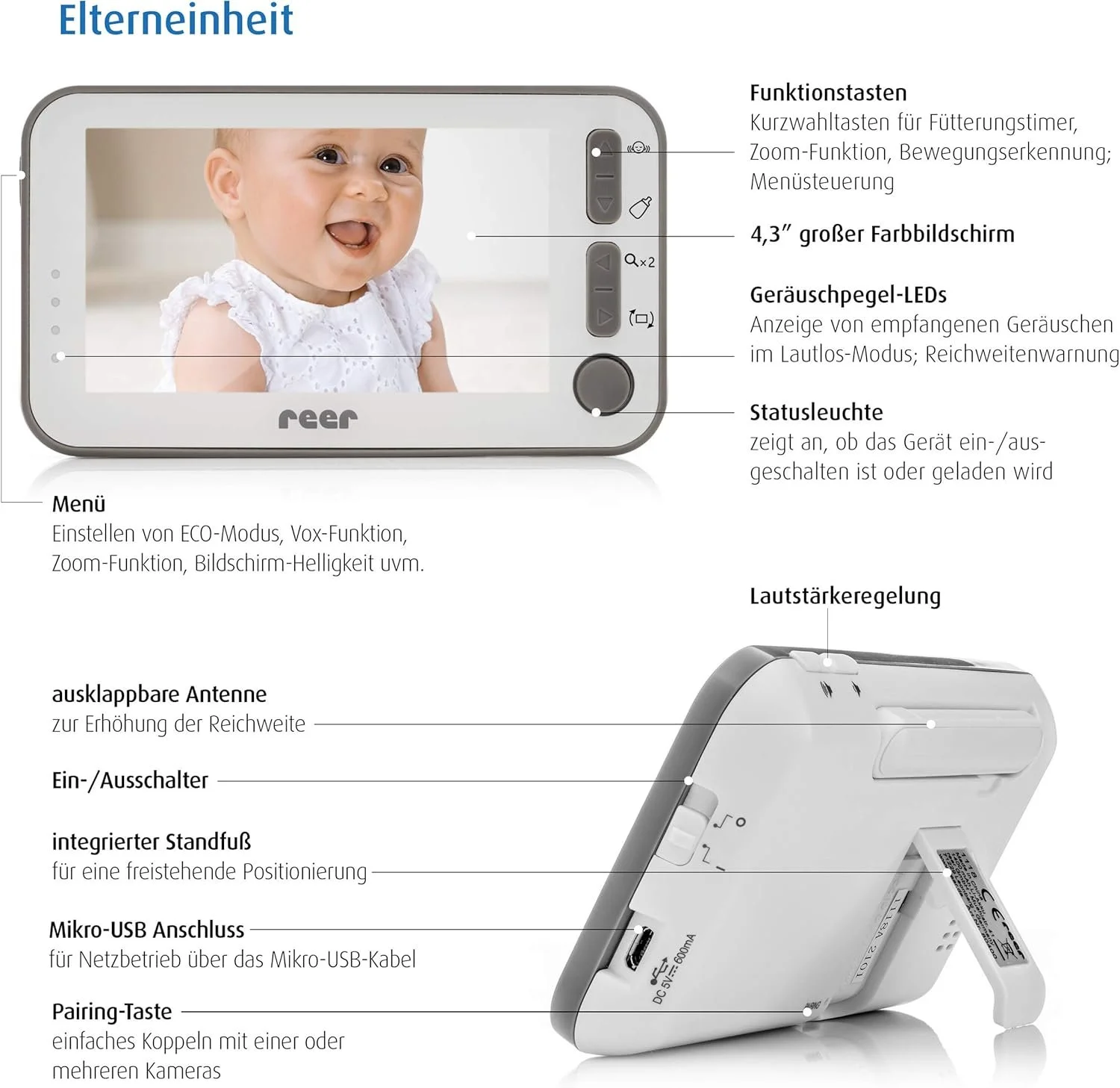 Детская видеоняня с монитором 4.3'' reer BabyCam L Wi-Fi Белый, фото №6