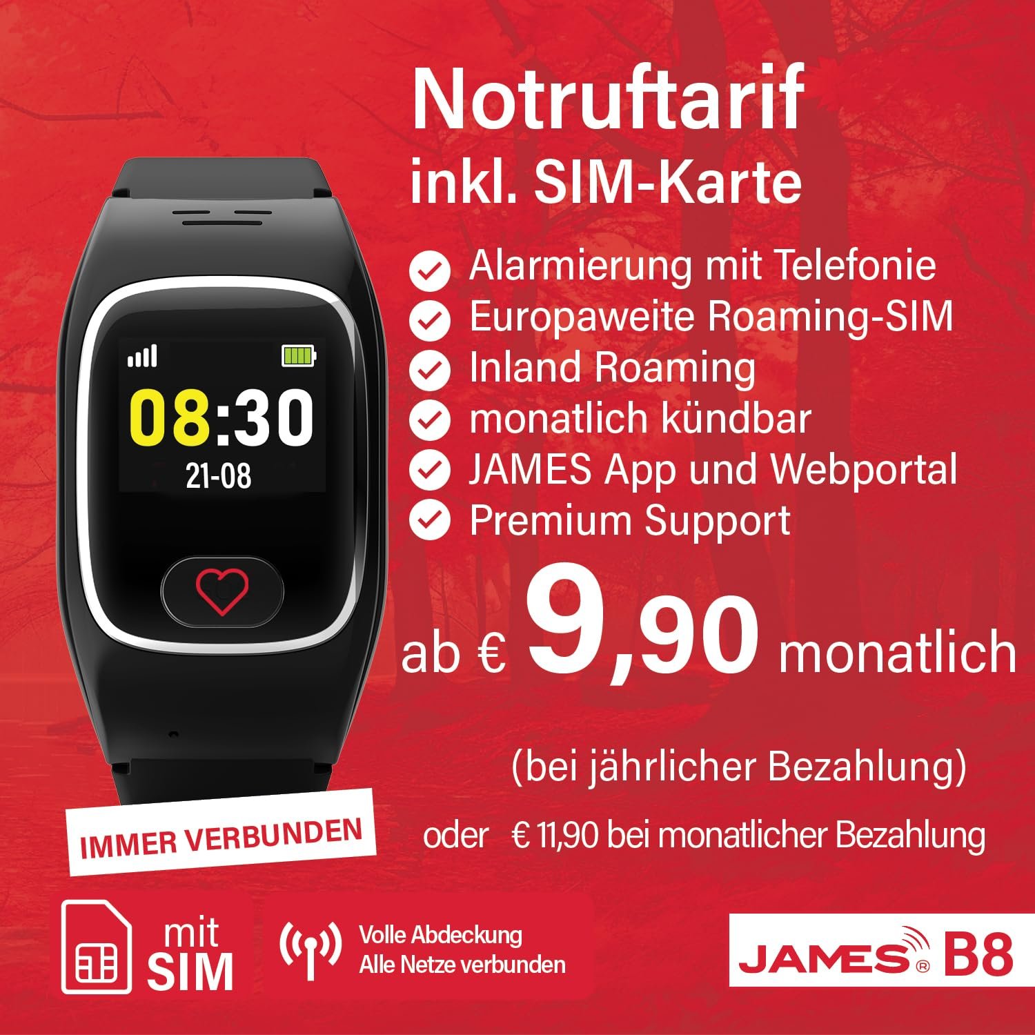 Годинник Emergency and Safety James B6 для літніх людей, виявлення падінь, кнопка екстреного виклику, GPS-трекінг, функції здоров'я (наприклад, пульс), додаток для сім'ї, SIM-карта в комплекті, чорний, B8, фото №7