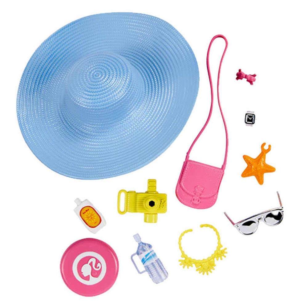 Лялька Mattel Barbie Fashions Accessories Range Beach Set з капелюхом і сумочкою FKR90 Frisbee, Camera, Sunscreen Jewellery, фото №1