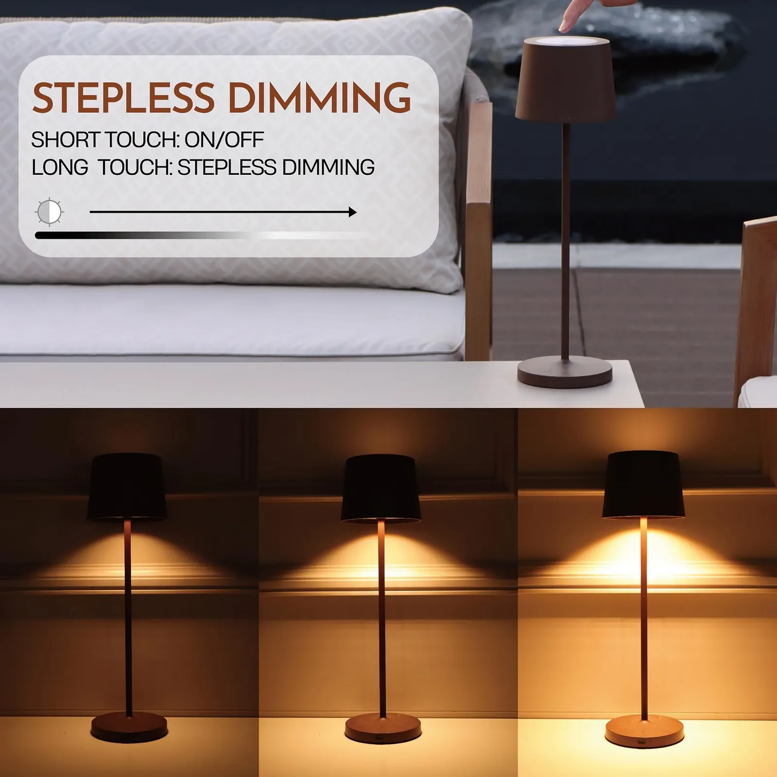 Настільна лампа METRO Professional CAURO LED, набір з 2 шт., алюміній/полікарбонат, діаметр 11.5 x 39 см, USB-з'єднання, сенсорне управління, з регулюванням яскравості, водонепроникна, коричнева, фото №8