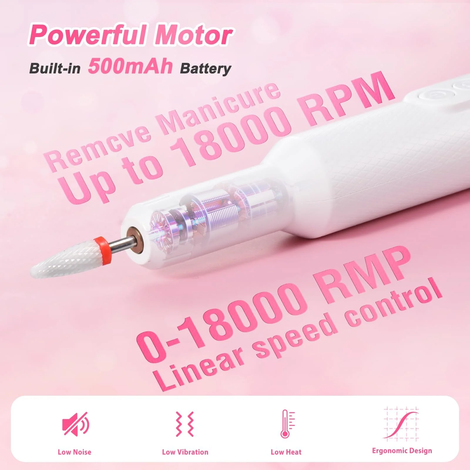 Машинка для нігтів Brencco Professional Wireless, 12-в-1 для гелевих нігтів 18000 об/хв, 8 тримачів для свердлильних головок, подвійна зарядка Type-C, фото №2