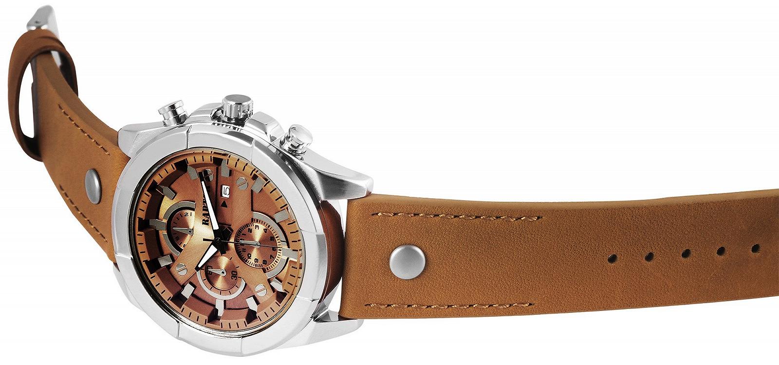 Мужские часы Chrono-Look Raptor с браслетом с заклепками, коричневый, аналоговый дисплей даты, 26 см, 48 мм, 24 см, разноцветный, ремешок., фото №3