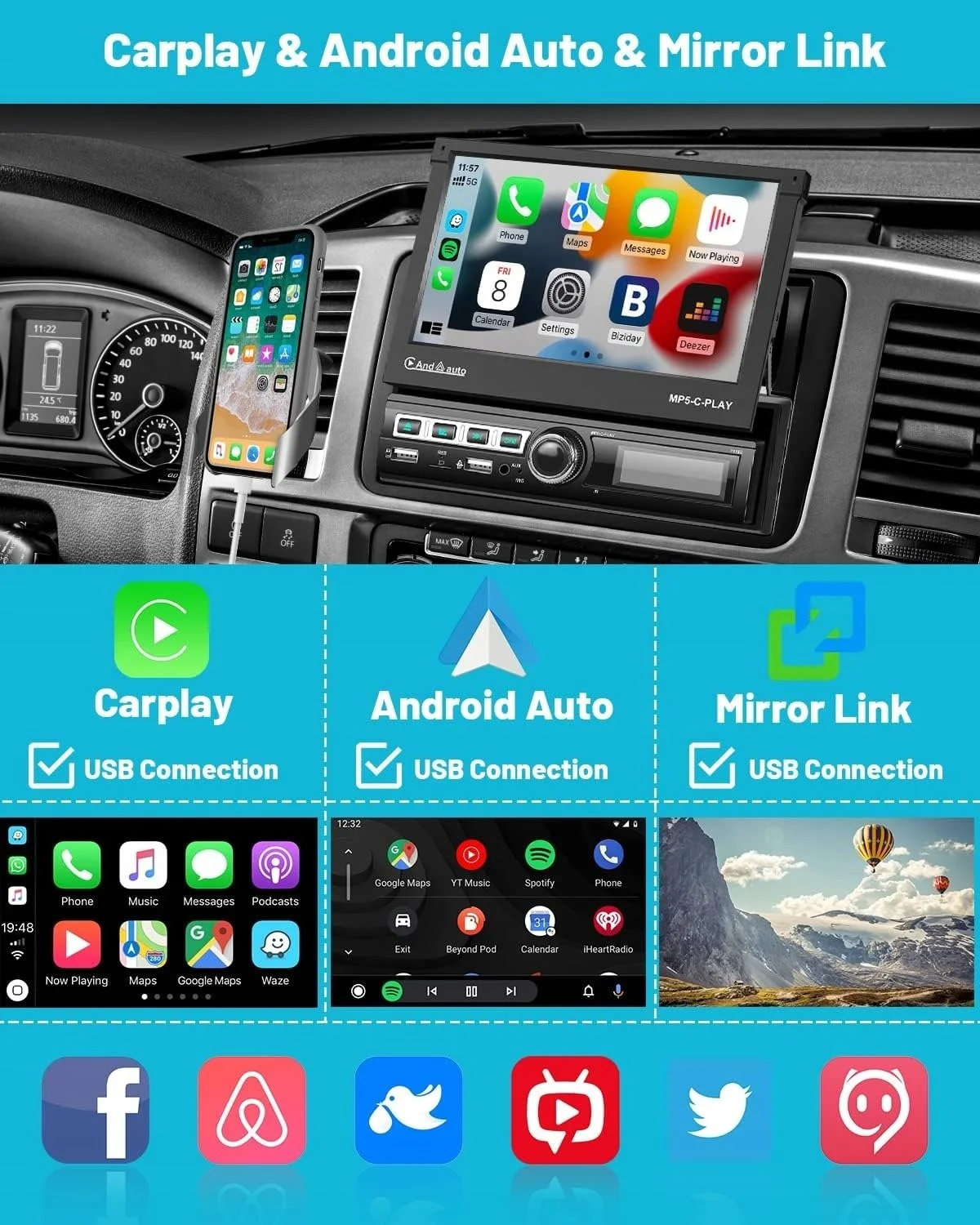 Автомагнітола Hikity Car Radio / 1 DIN / 7'' / Mirror Link / Hands-free / Bluetooth / USB / Android / Black, фото №2 Автомагнітола Hikity Car Radio / 1 DIN / 7'' / Mirror Link / Hands-free / Bluetooth / USB / Android / Black, фото №2