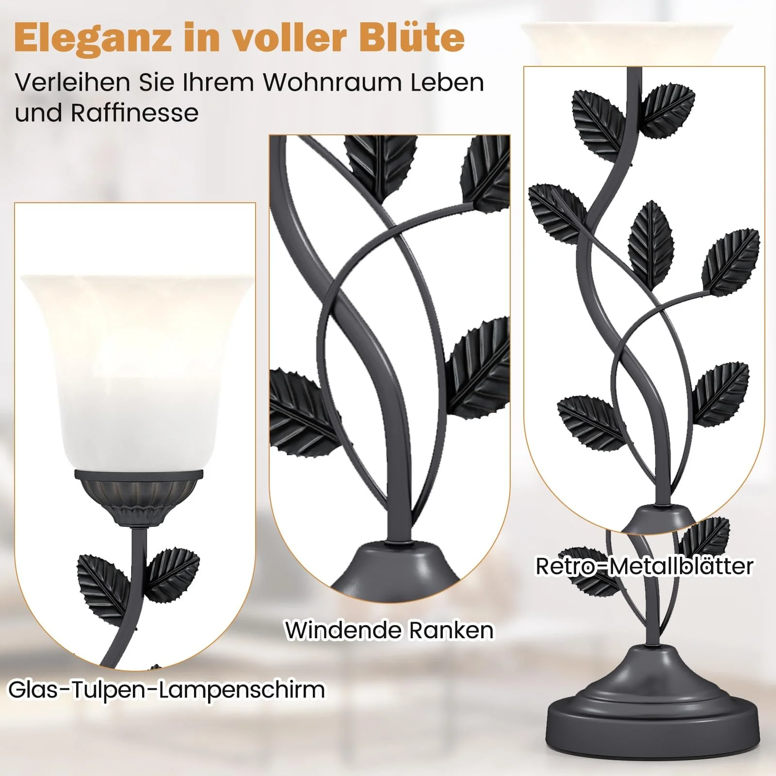 Настільна лампа RELAX4LIFE Flower зі скляним плафоном у формі тюльпана та металевим листям, фото №2