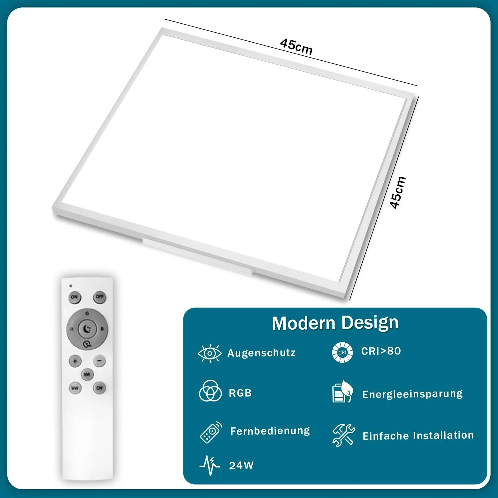 LED Glitzerlife Плоска стельова лампа Зміна кольору Dimmable 24 Вт Білий З пультом дистанційного керування Квадратна, фото №5