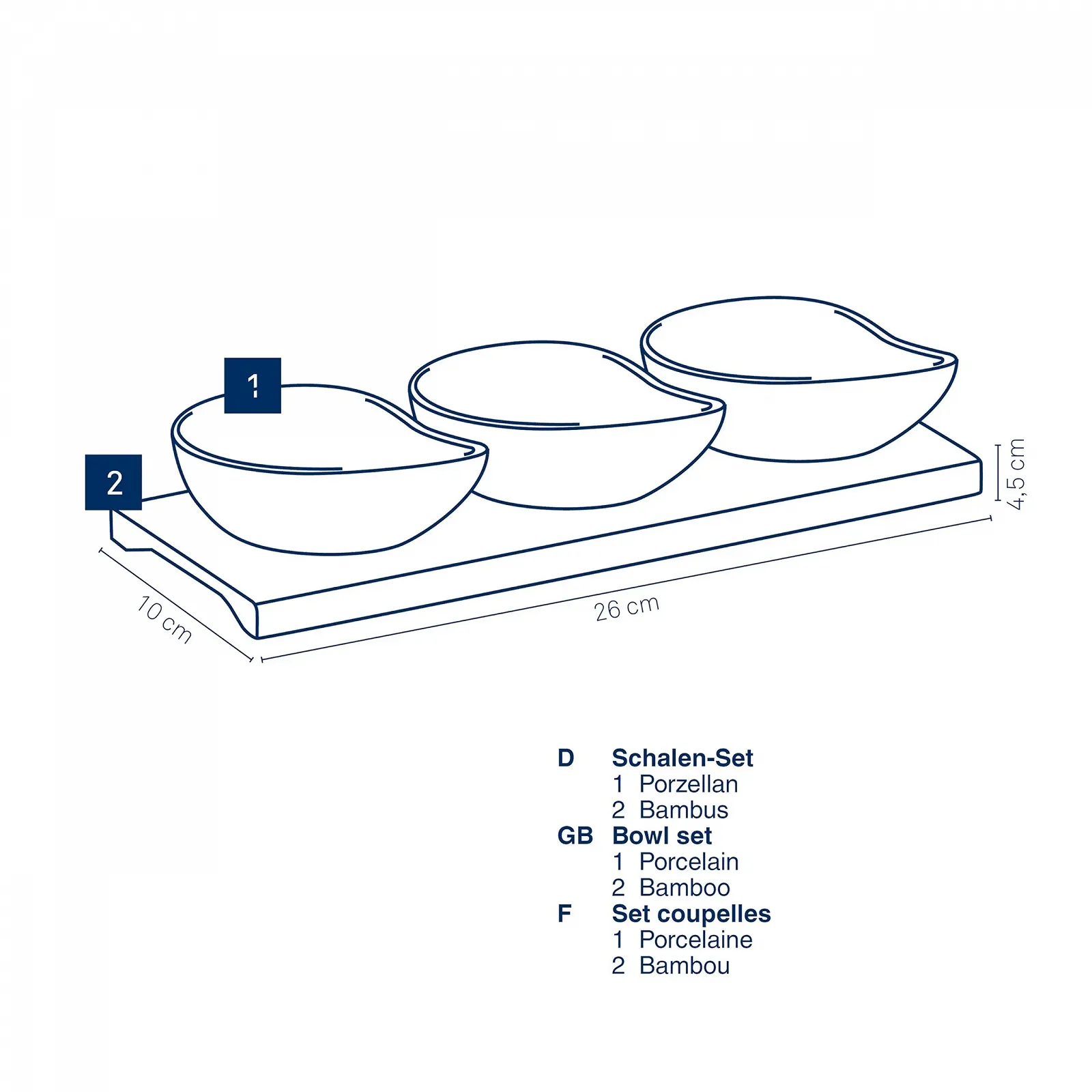 Набор мисок Philipa Kela 4 шт с бамбуковой доской 26 x 10 x 4.5 см Фарфор Белый, фото №3