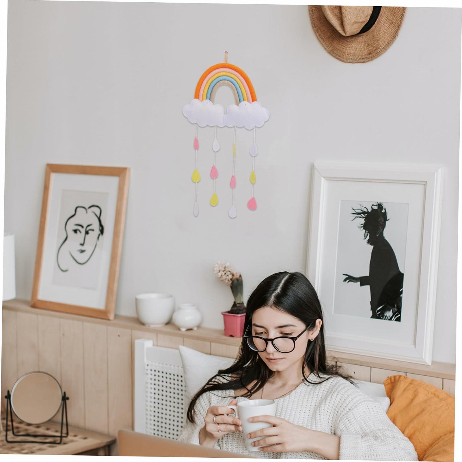 Макраме Kisangel Hängende Schnurdekoration Regenbogen Mobile Облако Капли дождя Белый, фото №3