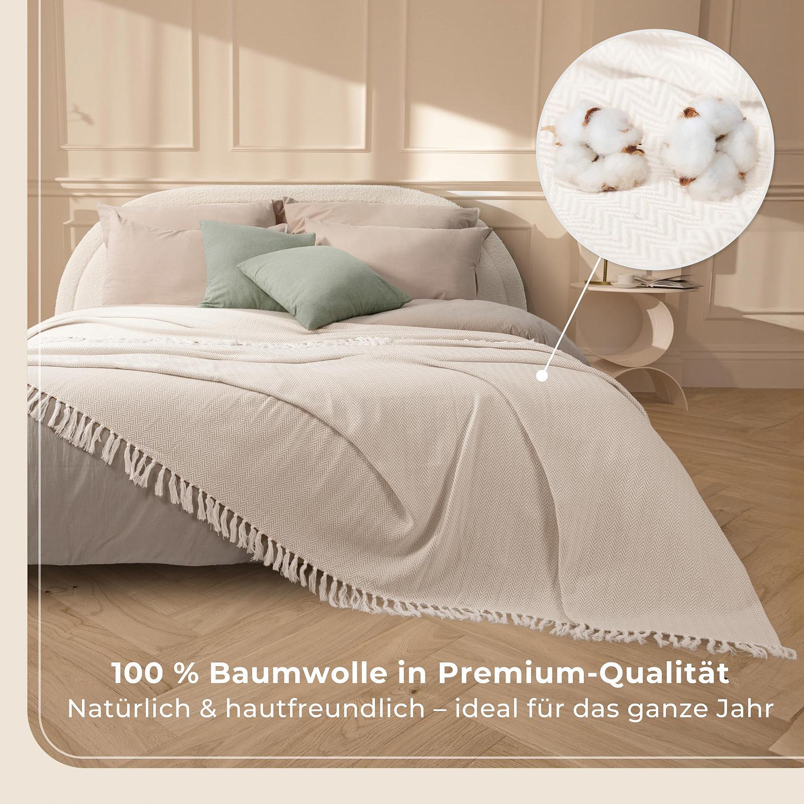 Покривало Gr"."fenstayn Premium з бахромою, XXL, 100% бавовна, 220 x 240 см, візерунок "ялинка", літня Плед, бавовняна Плед як накидка на ліжко, накидка на диван, Плед для дивана, кремовий, фото №4 Покривало Gr"."fenstayn Premium з бахромою, XXL, 100% бавовна, 220 x 240 см, візерунок "ялинка", літня Плед, бавовняна Плед як накидка на ліжко, накидка на диван, Плед для дивана, кремовий, фото №4