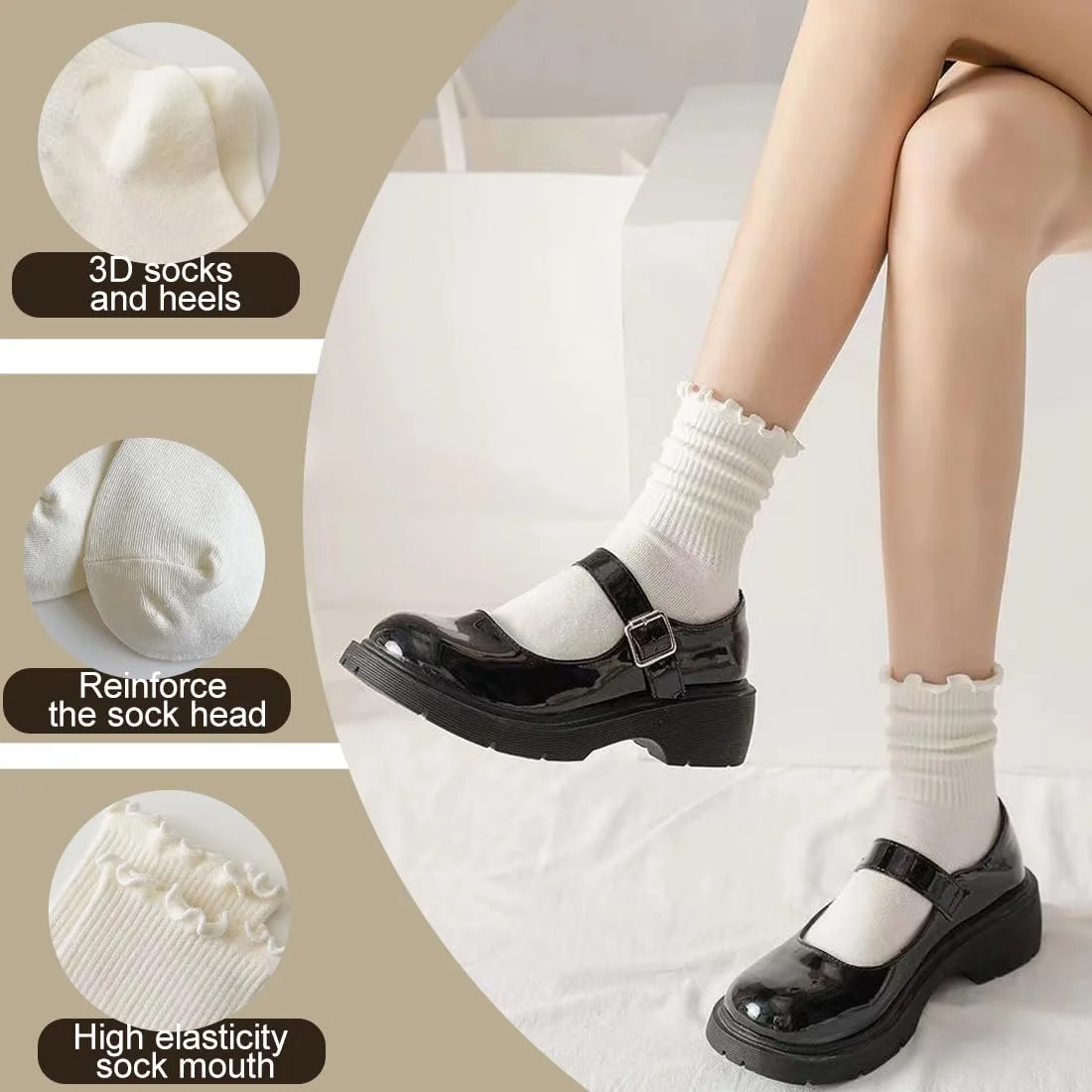 Носки с рюшами Женские носки с рюшами Хлопковые вязаные носки Crew для женщин и девушек, 35-41, Черно-белые (6 пар), фото №4