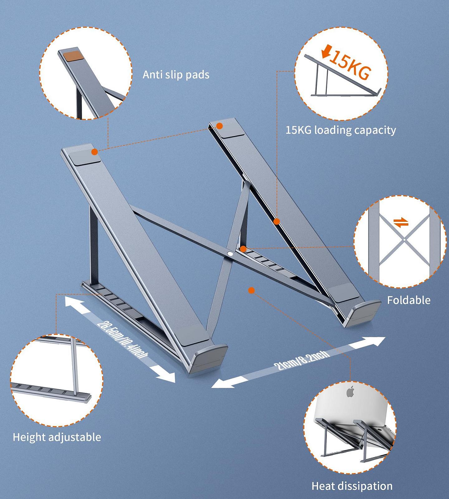 Подставка для ноутбука BHHB, 6 уровней, регулируемая высота, складная вентилируемая алюминиевая подставка, совместимая с MacBook, iPad и другими ноутбуками 9 ~ 17 дюймов, фото №3