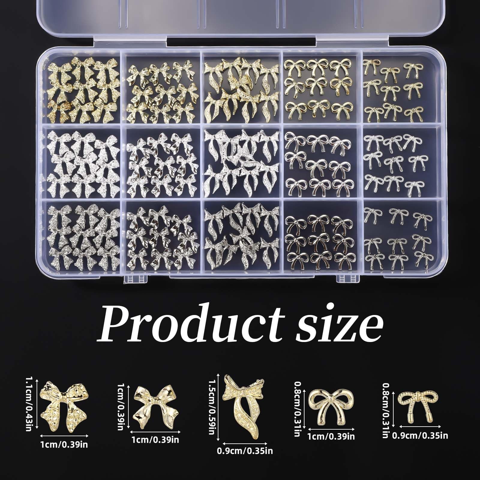 Аксесуари для нігтів Бантики 135шт Металеві прикраси у формі бантиків 5 видів Золотий, біле золото та срібний, фото №2