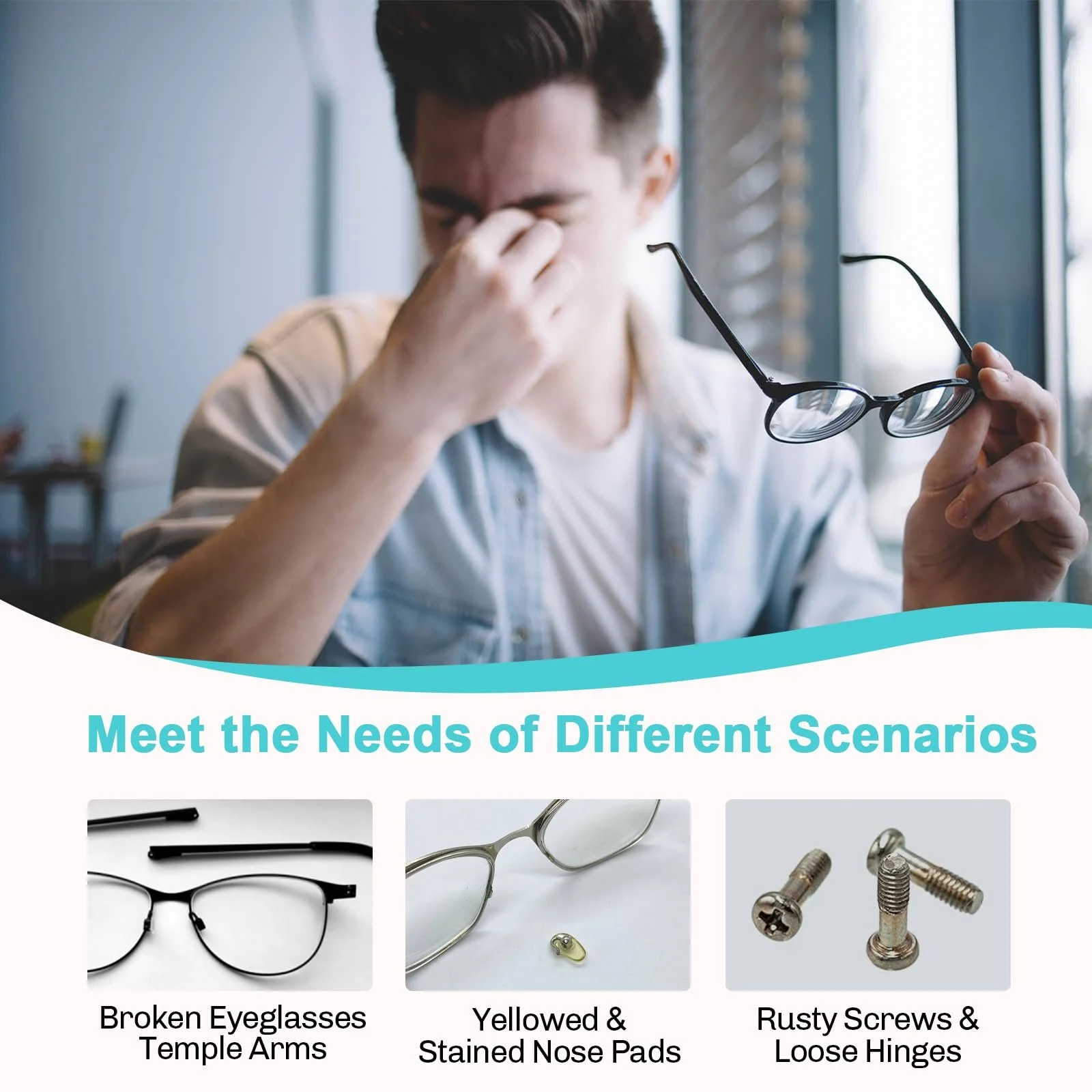 Набір для ремонту окулярів з гвинтами, носоупорами, пінцетом та прецизійними викрутками, фото №3