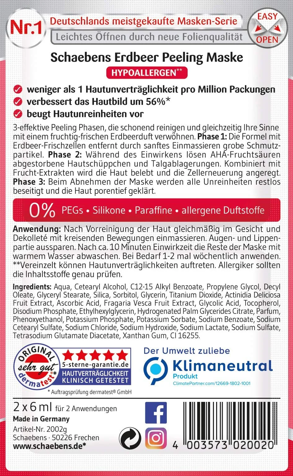 Маска Schaebens Клубника (10 x 12 мл) 3-фазный эффект со свежими клетками клубники и фруктовыми кислотами AHA для всех типов кожи, фото №3