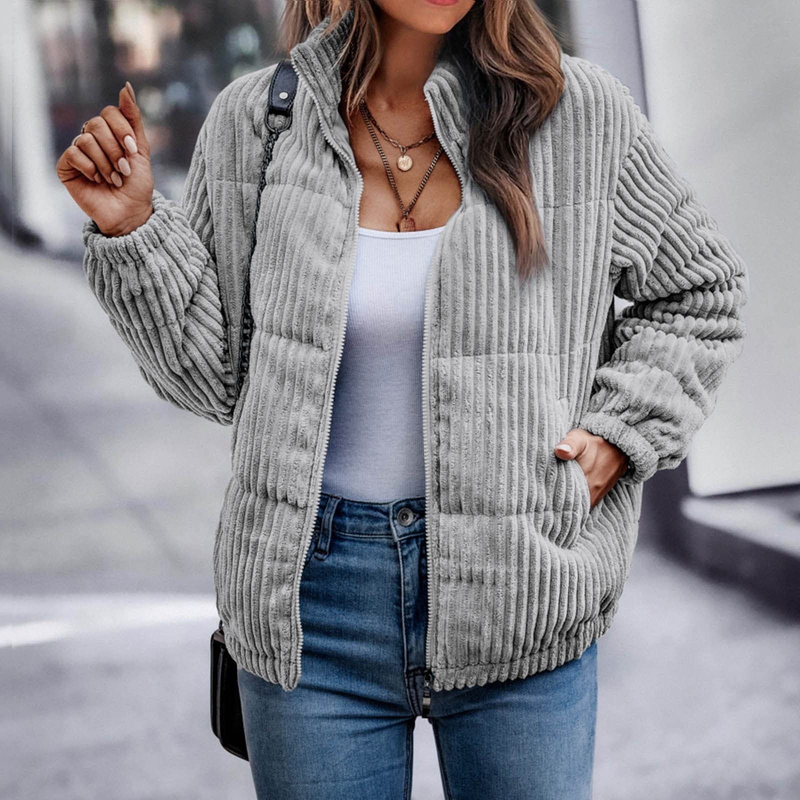 Женская Куртка QUINTRA Однотонная На молнии Вельветовая, фото №3