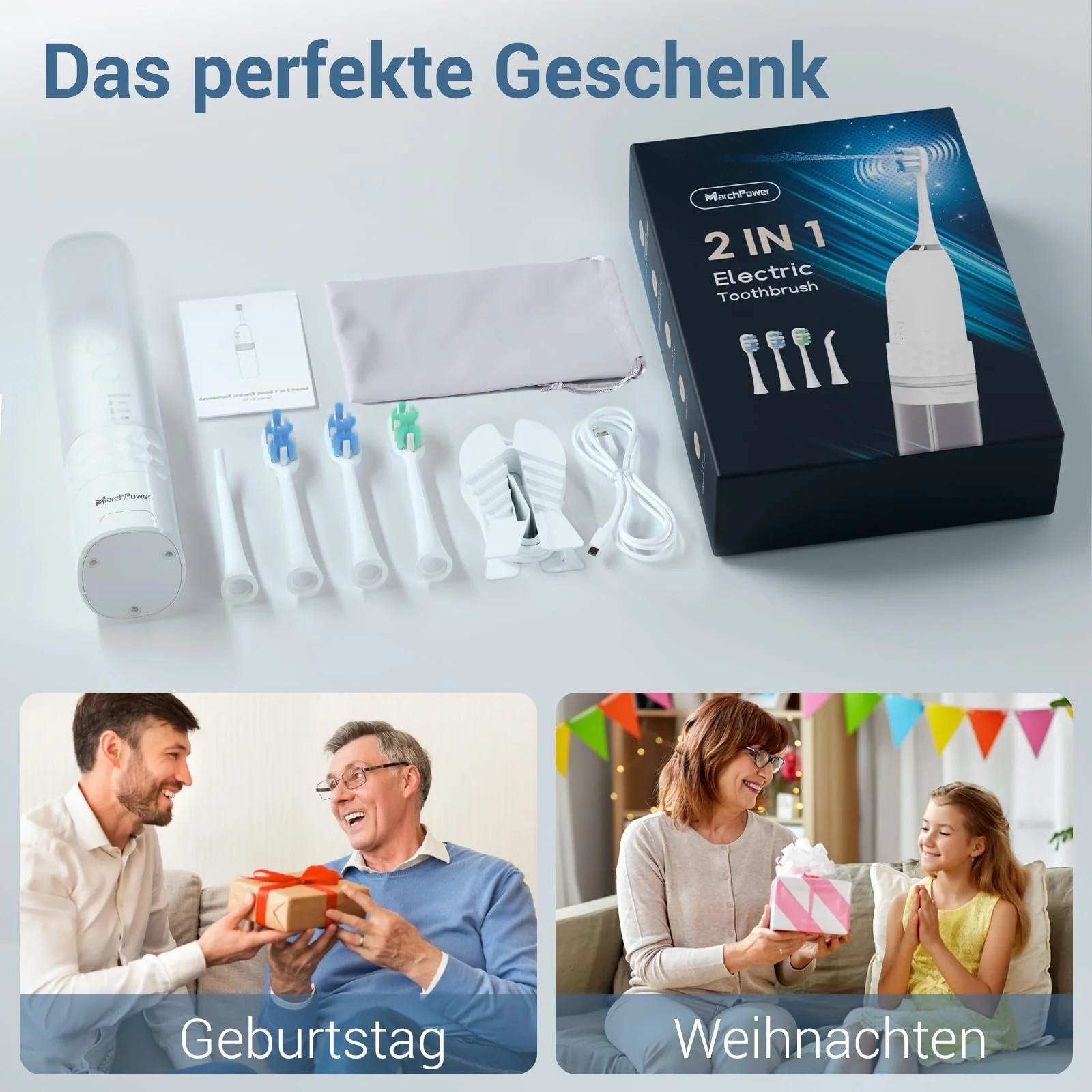 Электрическая зубная щетка Marchpower Compact 2 в 1 с ирригатором 3 x 4 режима IPX7 Wireless White, фото №7