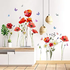 Наклейка на стіну Мак Червона Садові квіти Метелик для спальні та вітальні - Фото 1